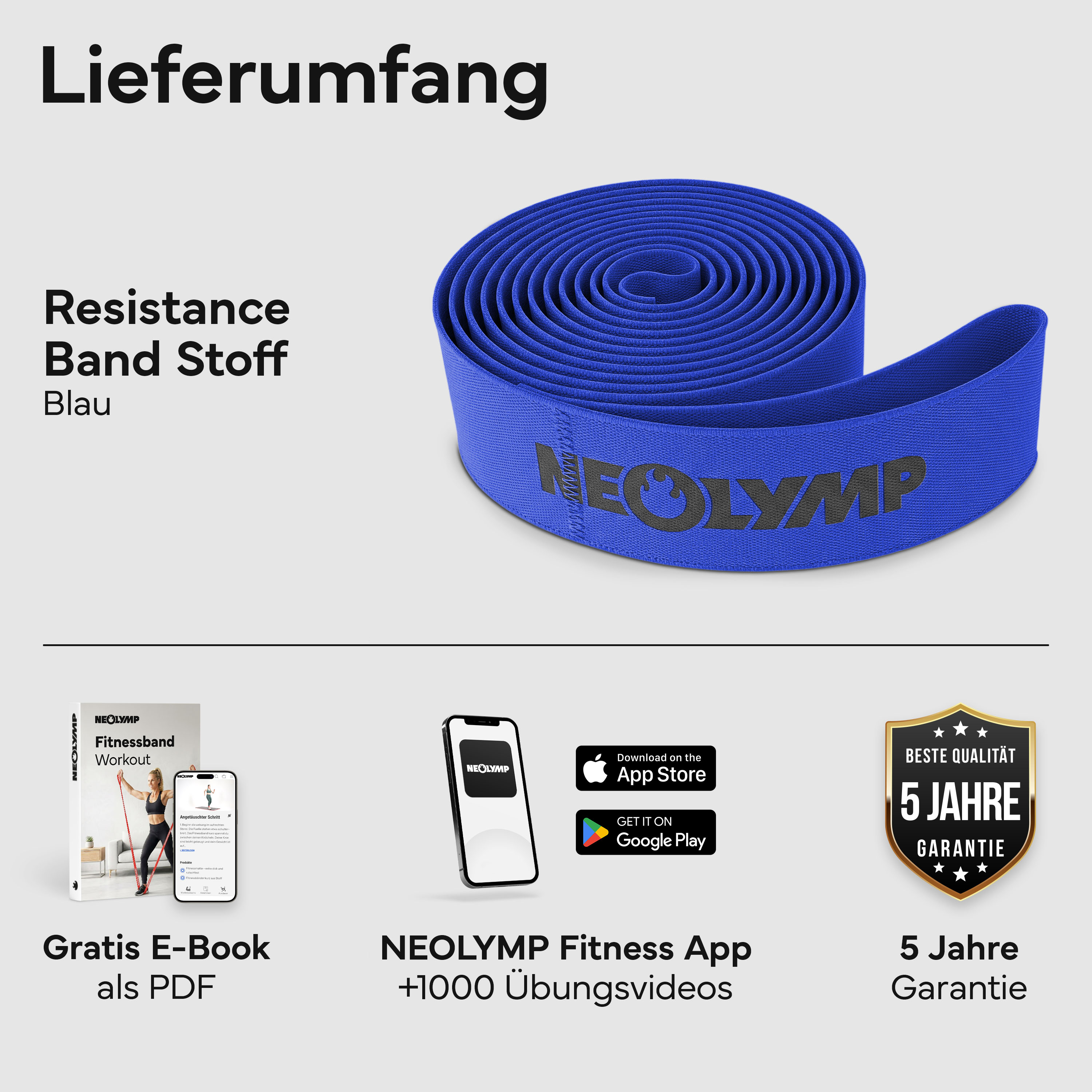 Blaues Stoff-Widerstandsband, E-Book, App und 5 Jahre Garantie.