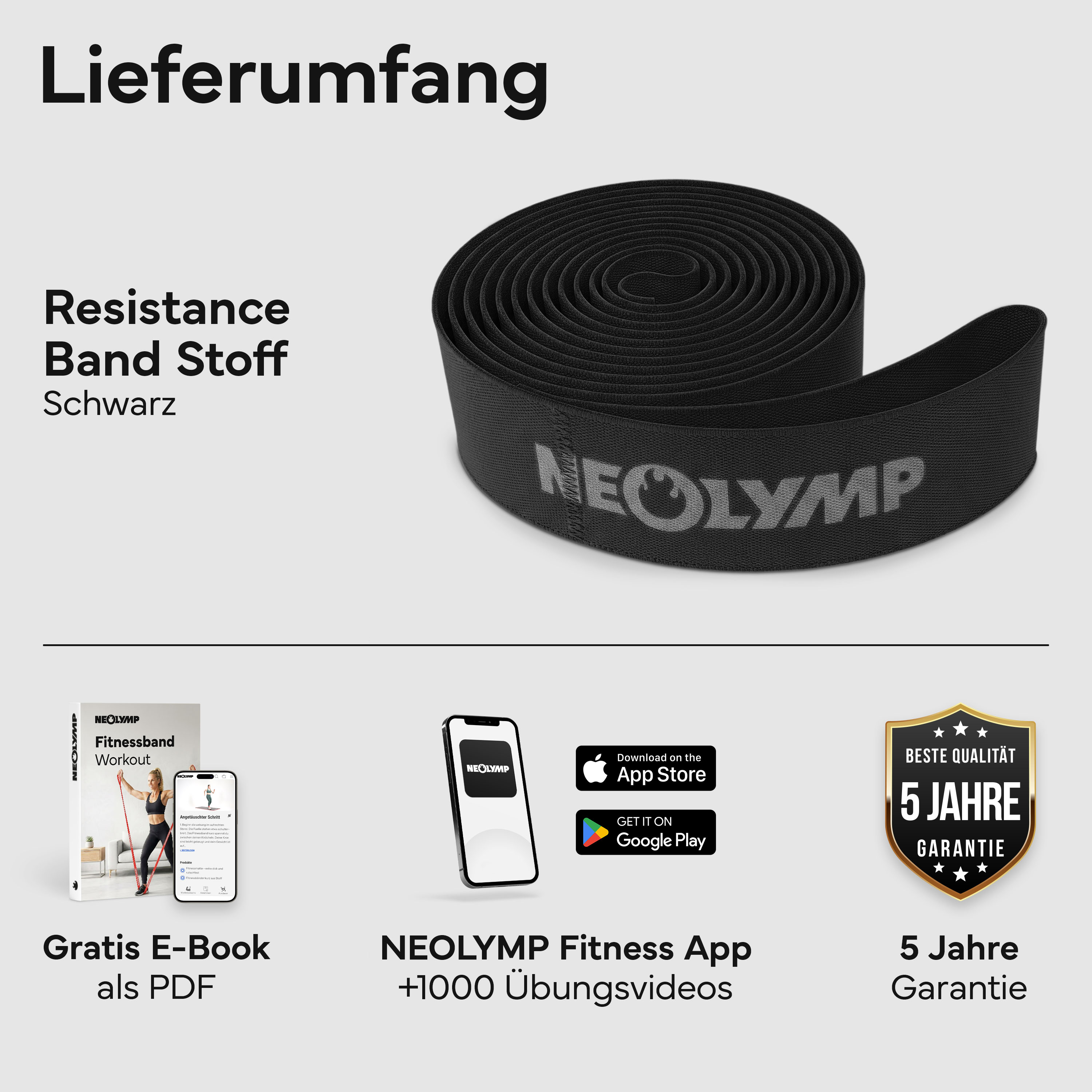 Schwarzes Widerstandsband mit Logo, E-Book, App und Garantie-Siegel.