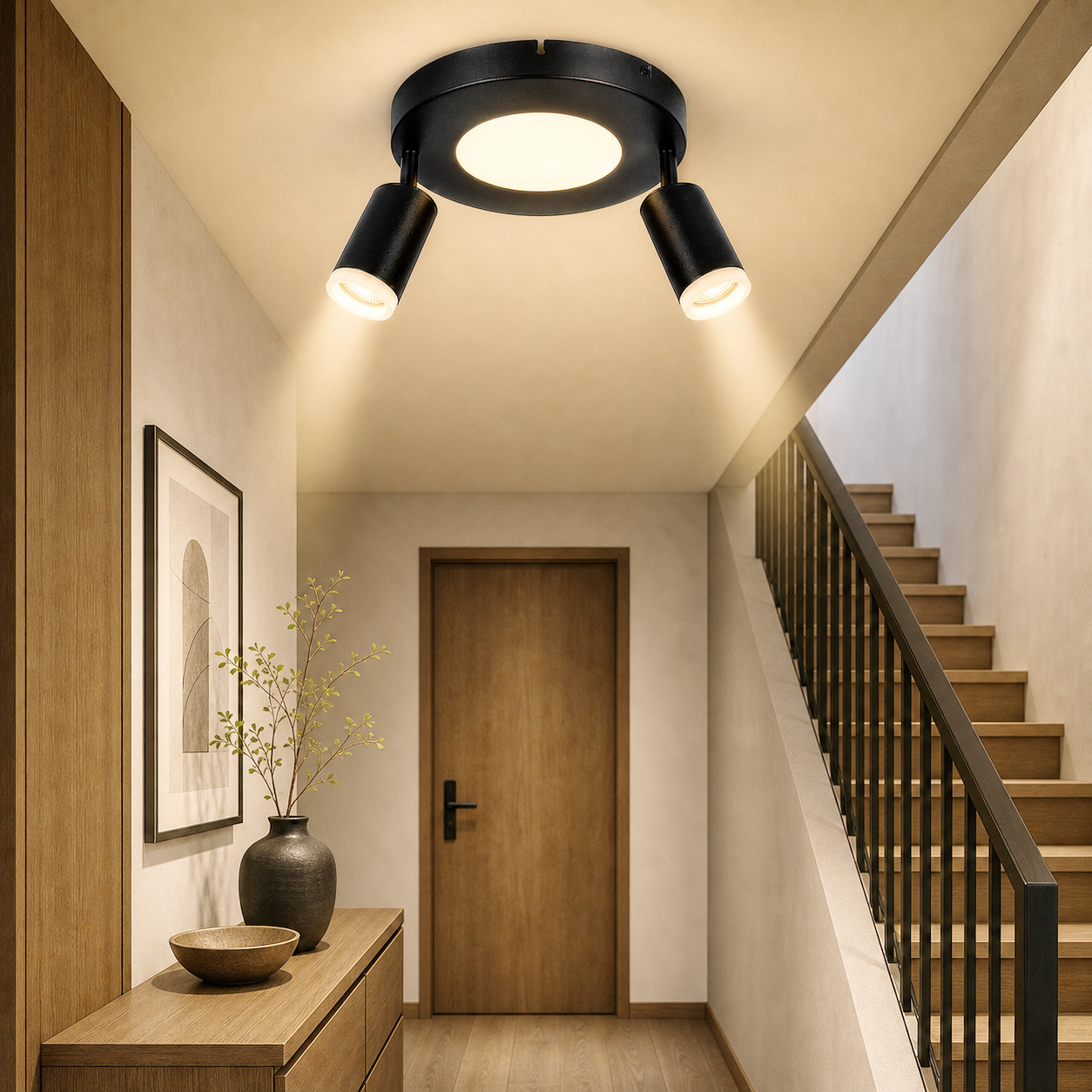 Corridoio con porta in legno, scale e plafoniera.