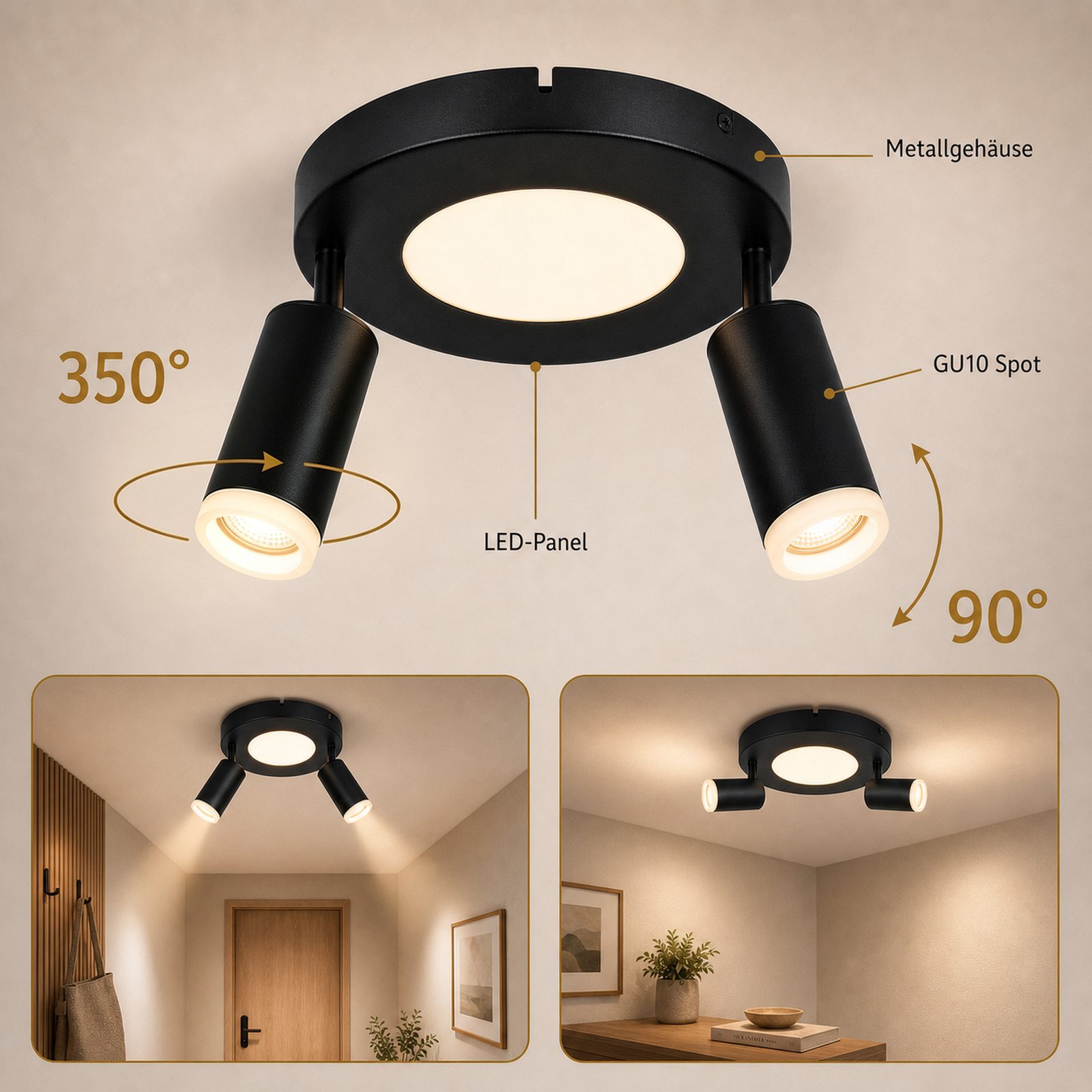 Plafoniera nera con due faretti GU10 e pannello LED, orientabile.