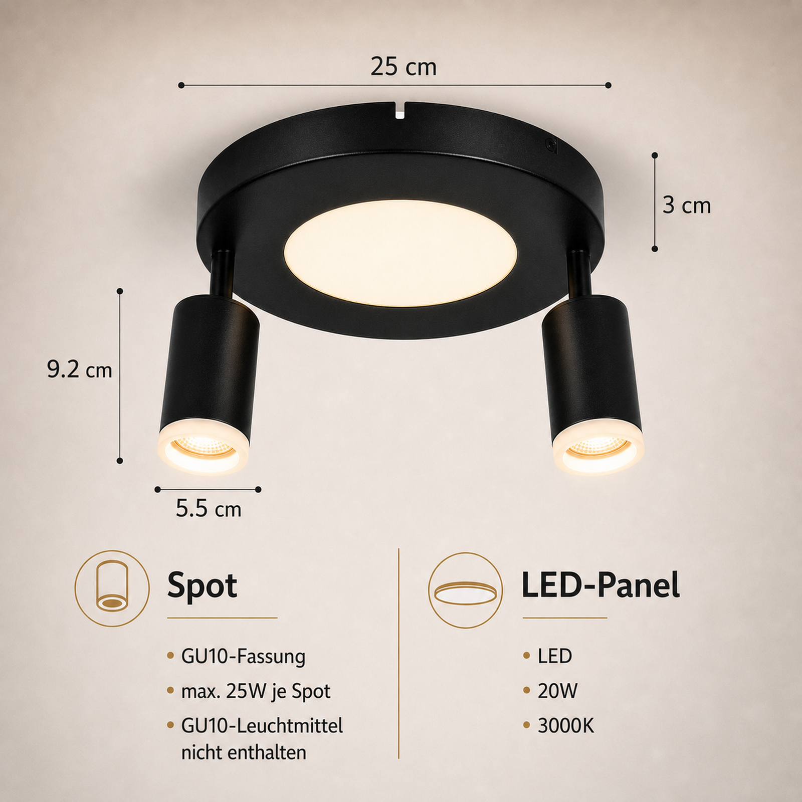 Faretti da soffitto neri con due faretti regolabili e pannello LED centrale. Dimensioni indicate.