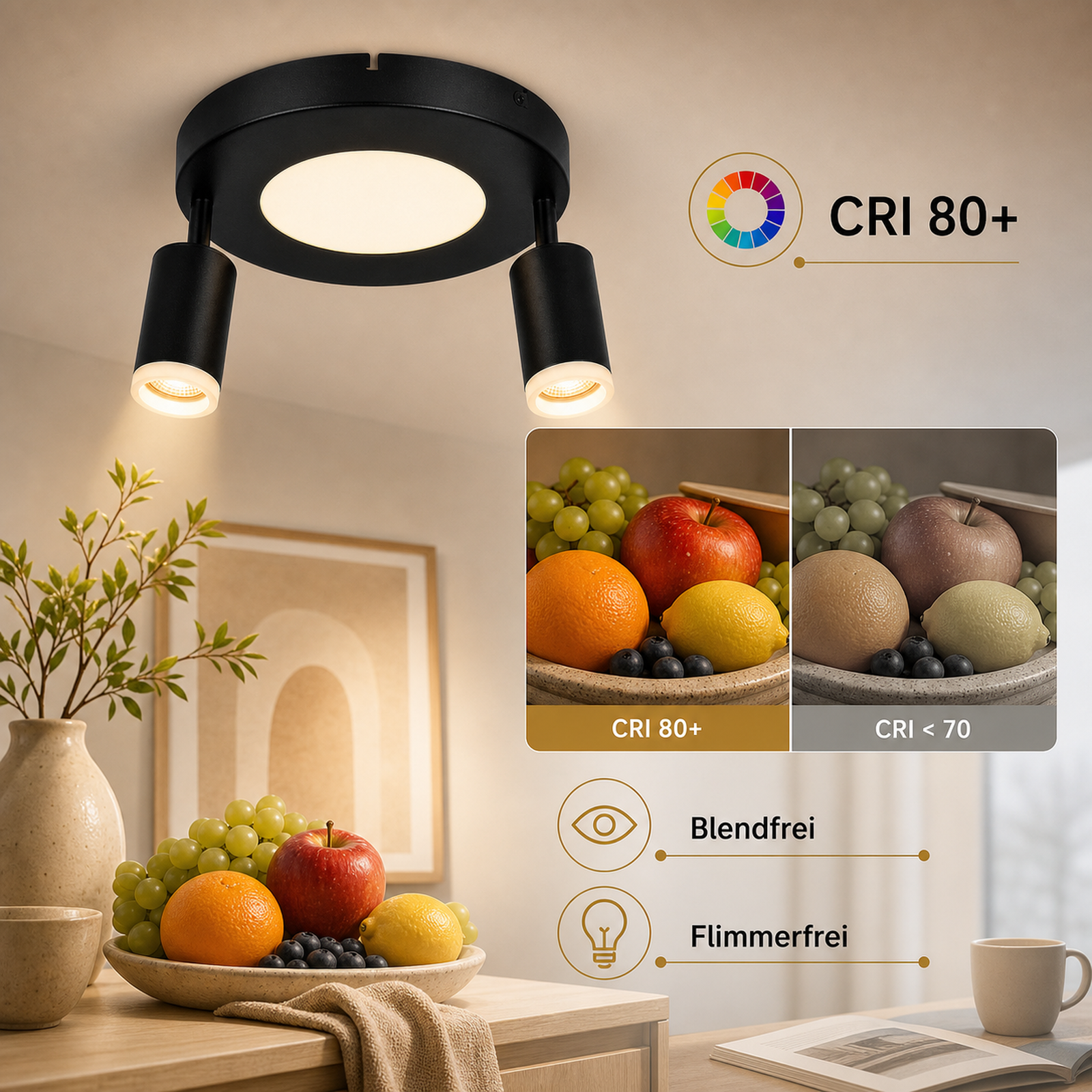 Faretti da soffitto neri con due spot e pannello luminoso rotondo. Frutta sotto CRI 80+ e CRI <lt/> 70.