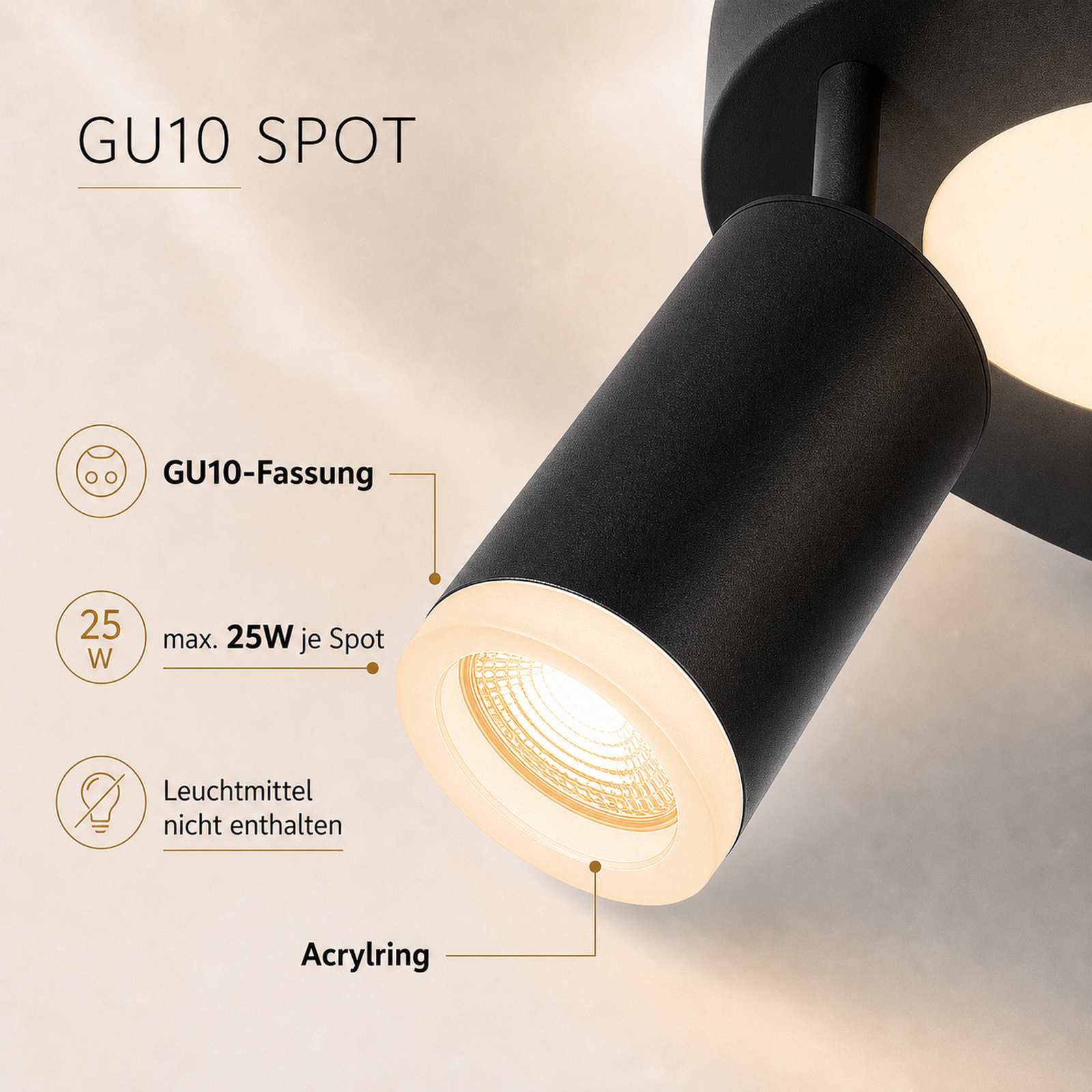 Faretti GU10 neri con etichette: attacco GU10, 25W max, anello acrilico.
