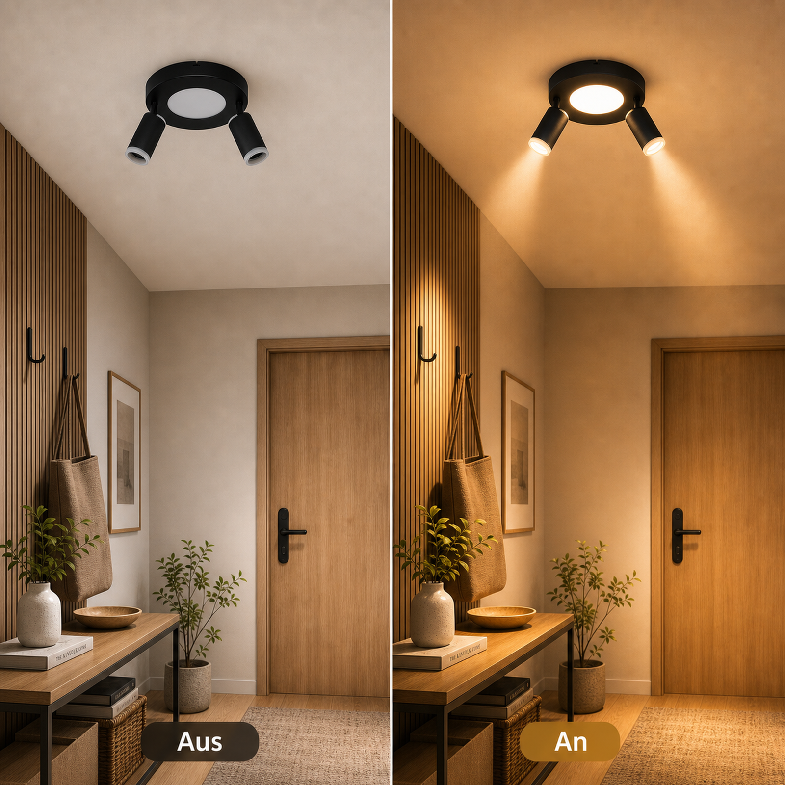 Corridoio con parete in legno, porta, mensola decorata, luce spenta/accesa.