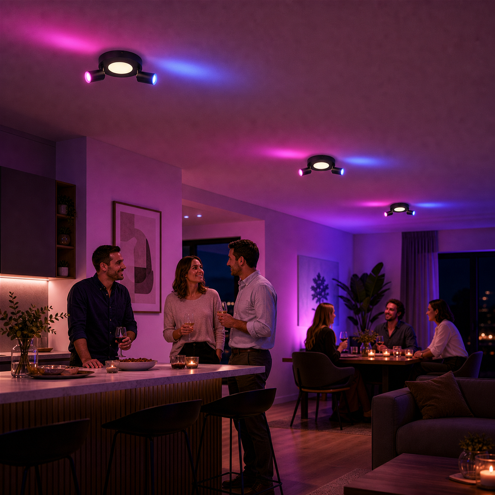Persone che festeggiano in una stanza moderna con luci colorate e bagliore.