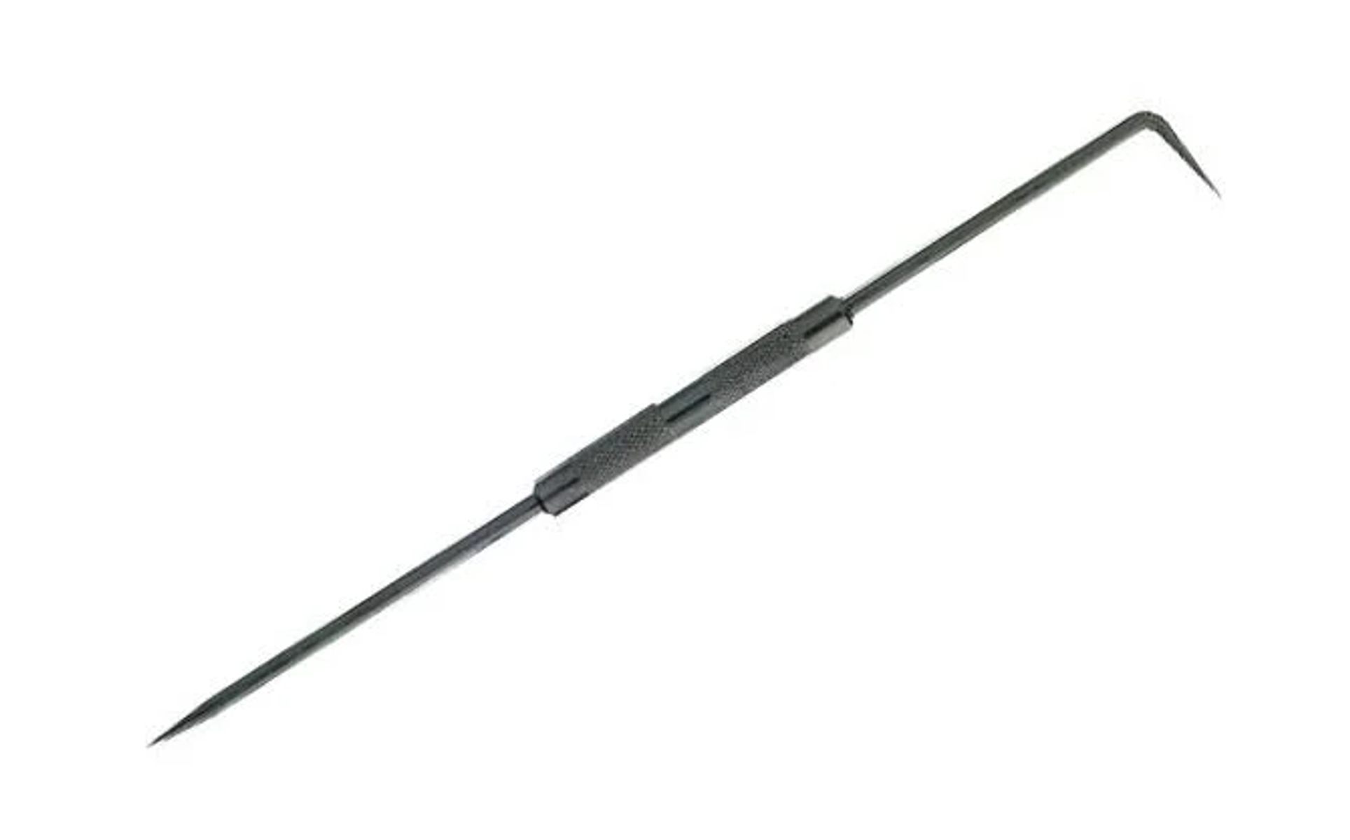 Herramienta negra y delgada con punta afilada y extremo curvo en ángulo.