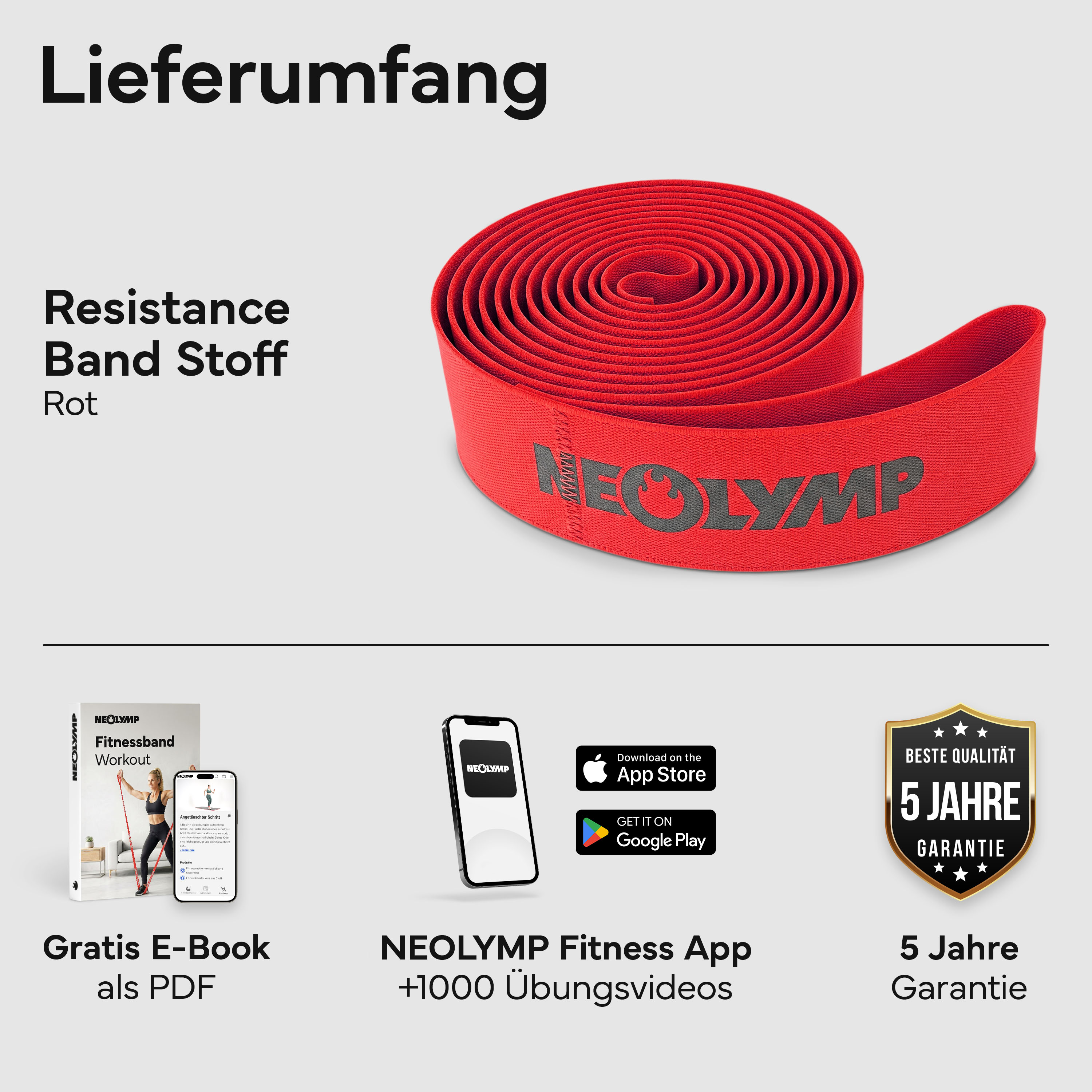 Rotes Widerstandsband aus Stoff, E-Book, App und 5 Jahre Garantie.