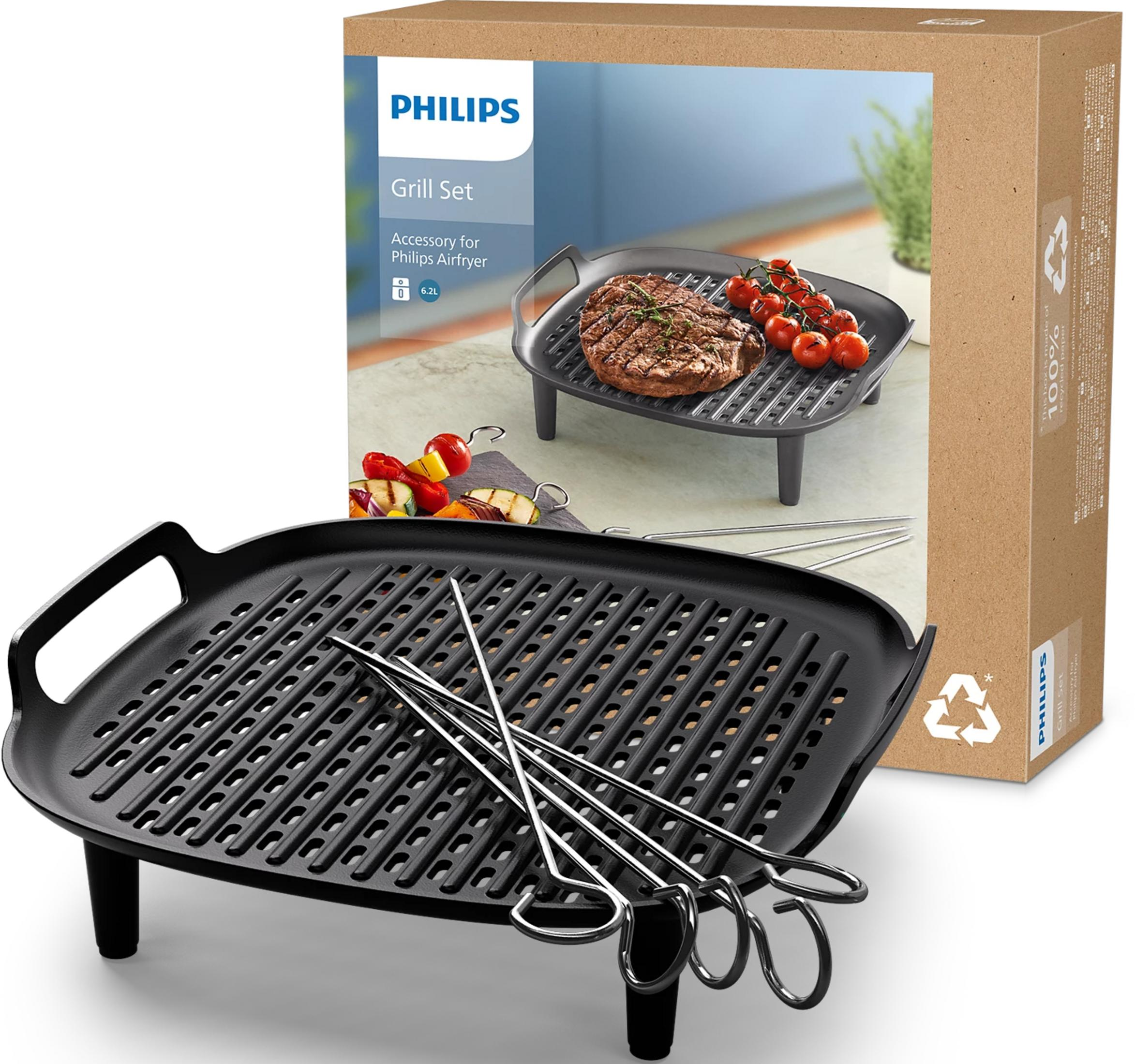 Set Griglia Philips per Airfryer con piastra e spiedini, con una bistecca.