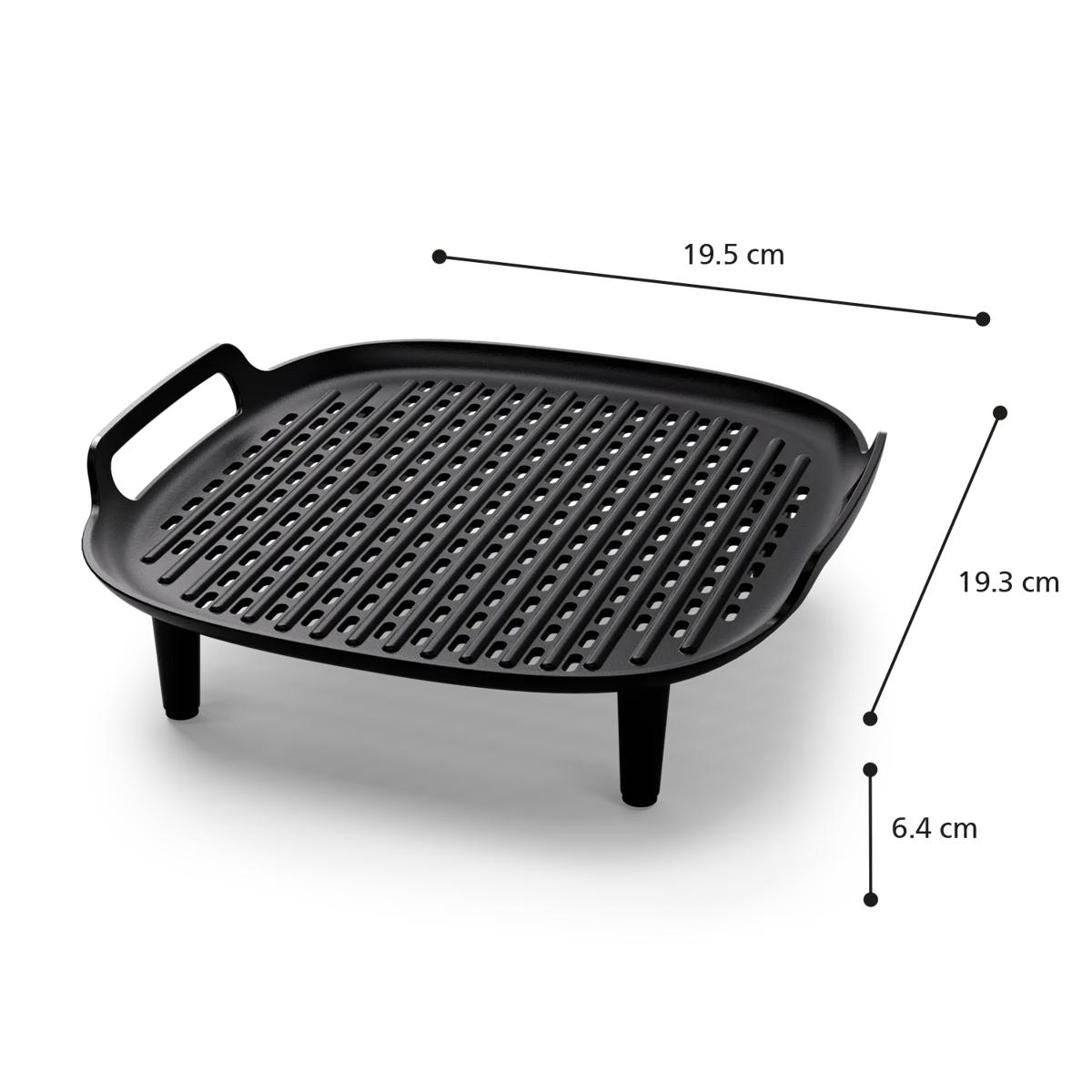 Padella grill nera con manici e gambe, 19.5 x 19.3 cm.