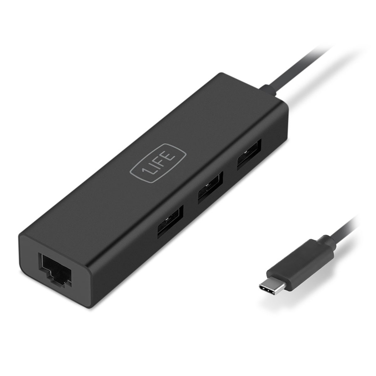 Hub USB-C nero con porta Ethernet, 3 porte USB e cavo USB-C.