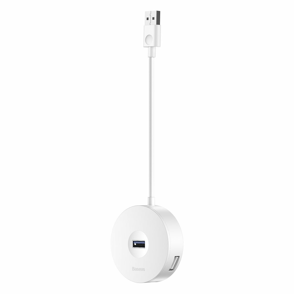 Un hub USB bianco con una porta USB-A e un'altra porta visibile.