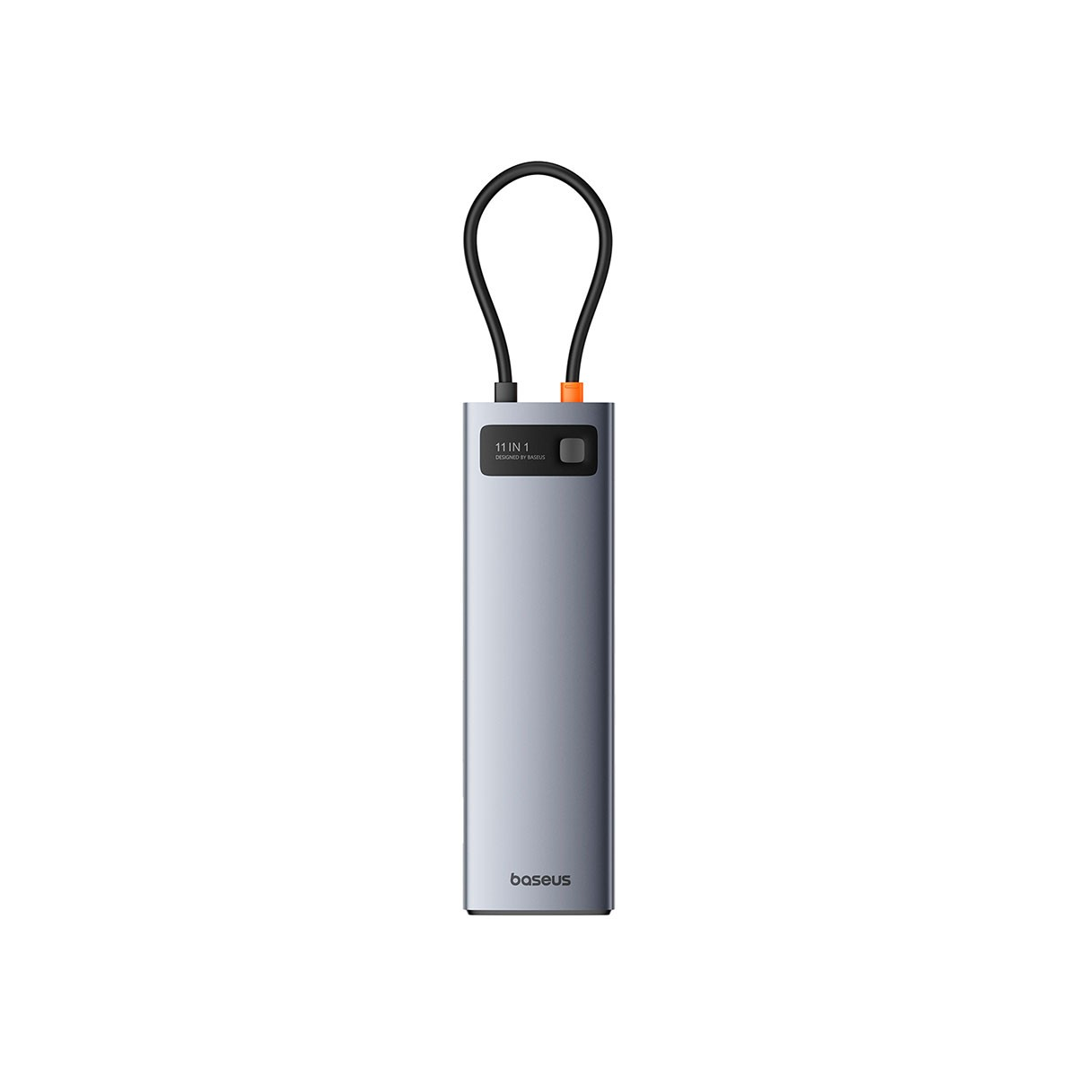 Un hub Baseus 11-in-1 argentato con cavo nero e connettore arancione.