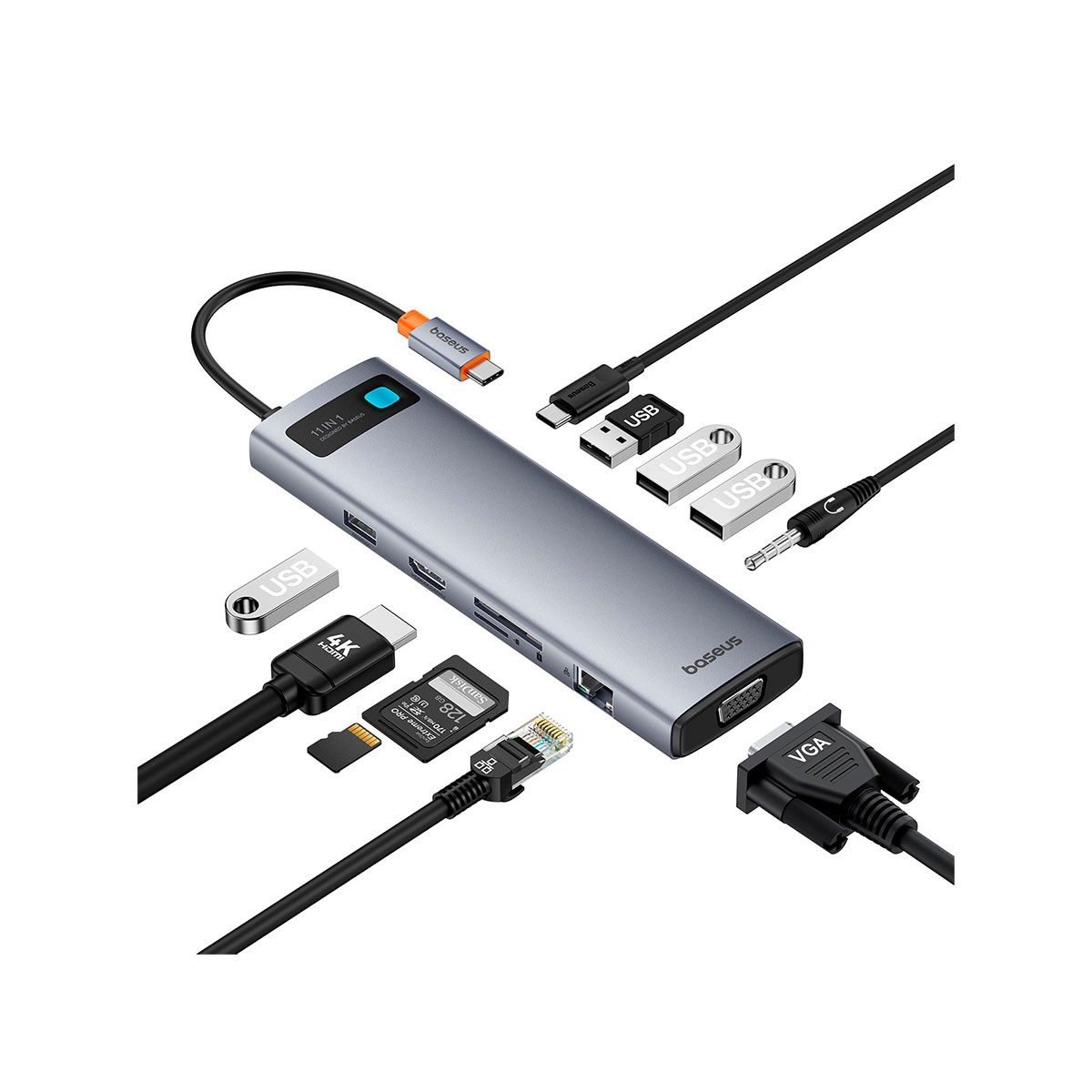 Un hub USB-C Baseus grigio 11 in 1 con più porte e cavi.