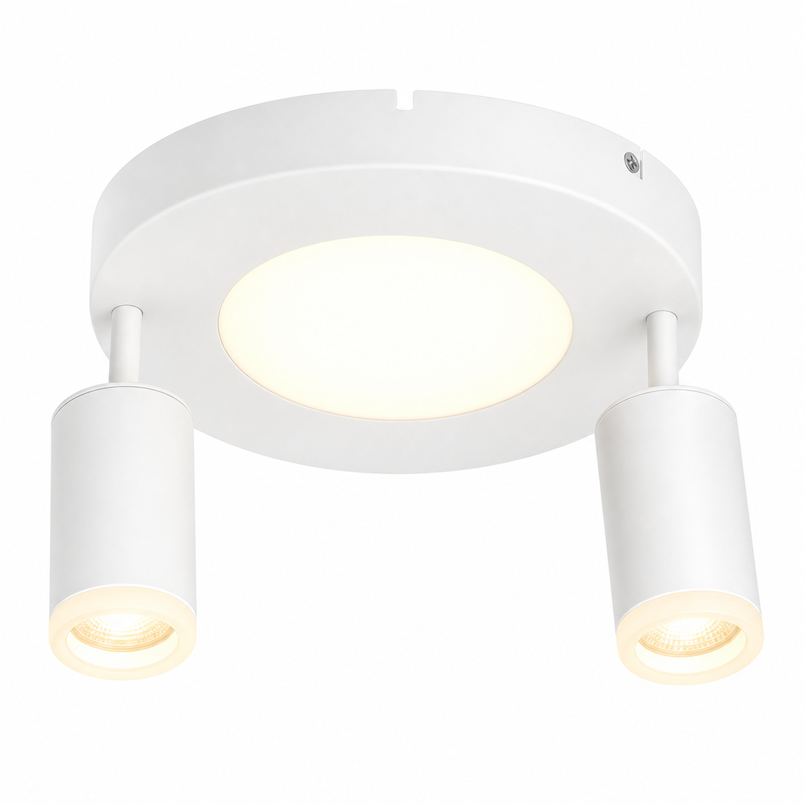 Una plafoniera bianca con due faretti cilindrici e illuminazione centrale.