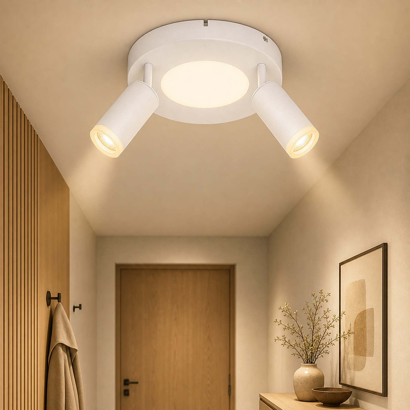 Un moderno faretto da soffitto a due luci in un corridoio con accenti in legno.