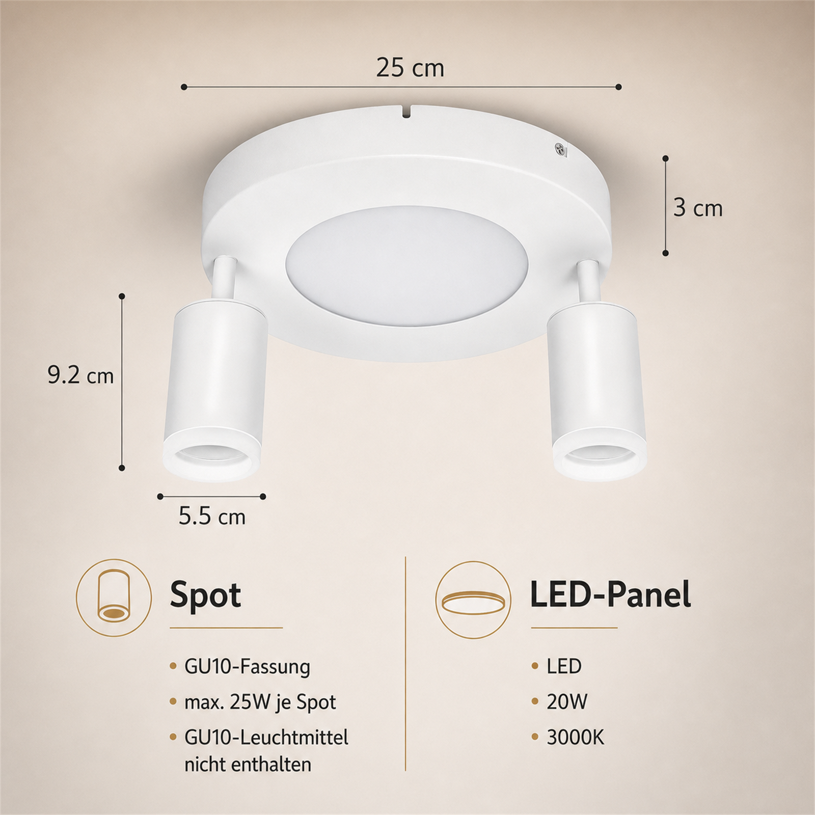 Plafoniera bianca con due faretti e pannello LED. Dimensioni: 25x3x9,2cm.