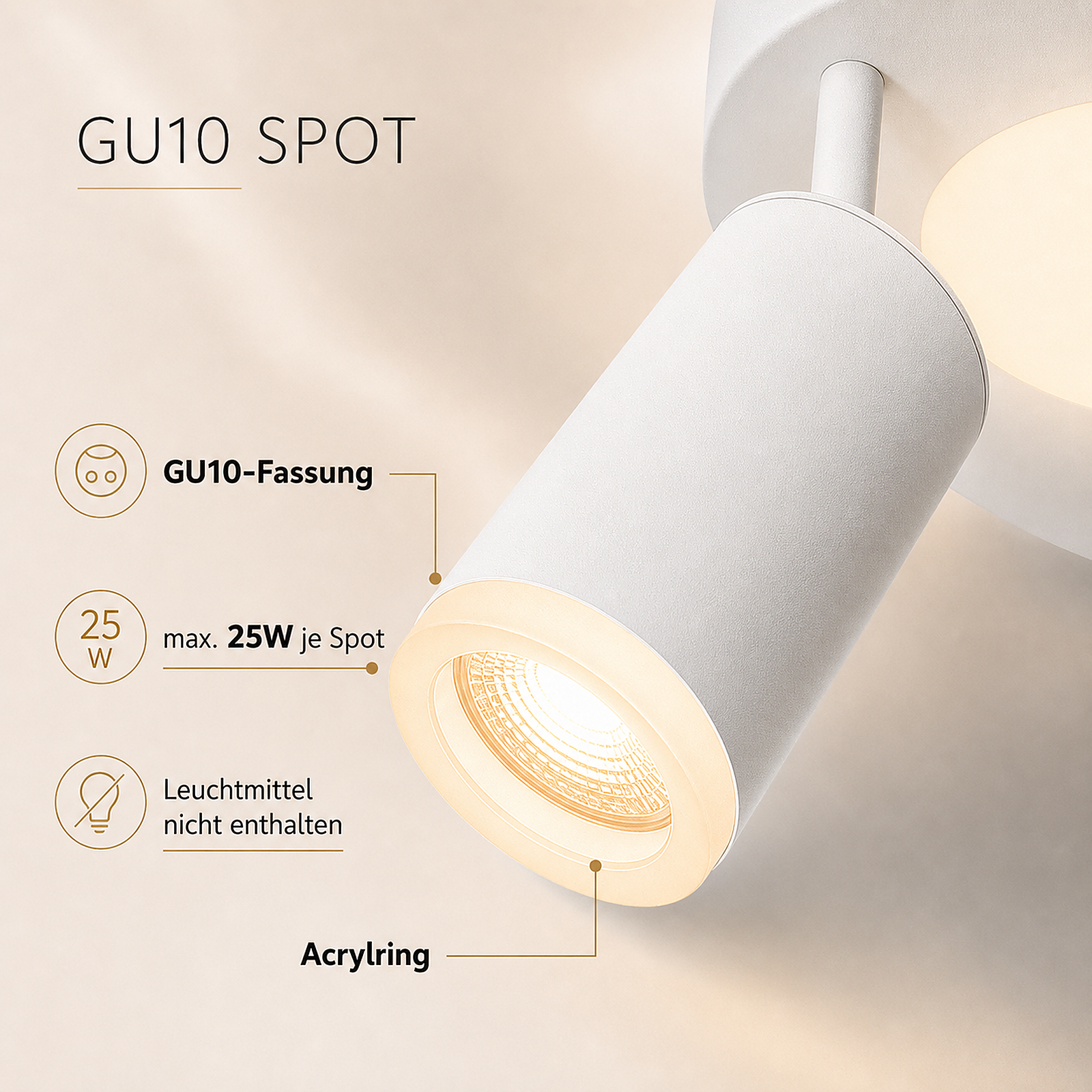 Un faretto GU10 bianco con anello acrilico, max. 25W, lampadina non inclusa.