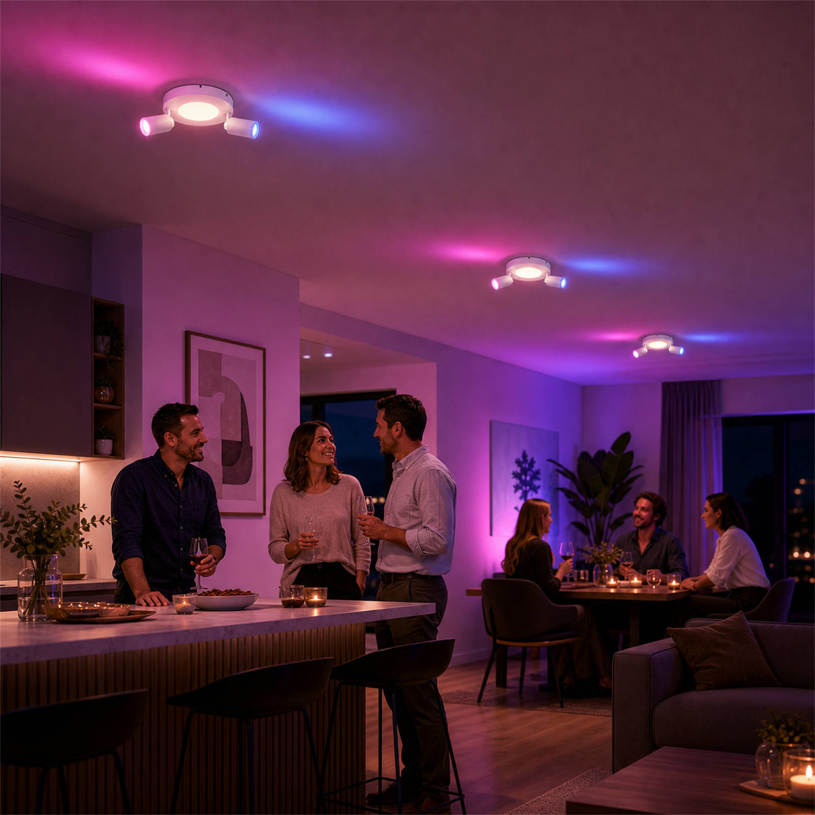 Persone che socializzano in una casa moderna con illuminazione d'ambiente colorata.