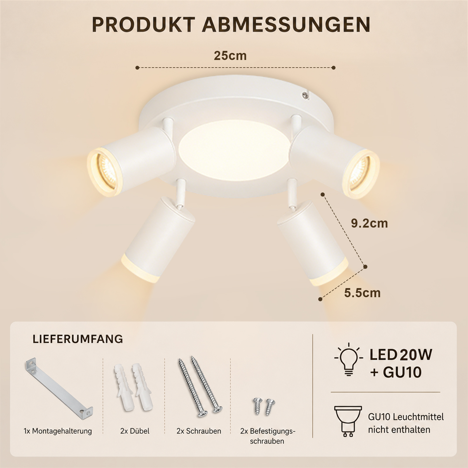 Lampada da soffitto bianca con 3 faretti, diametro 25cm, include accessori montaggio.