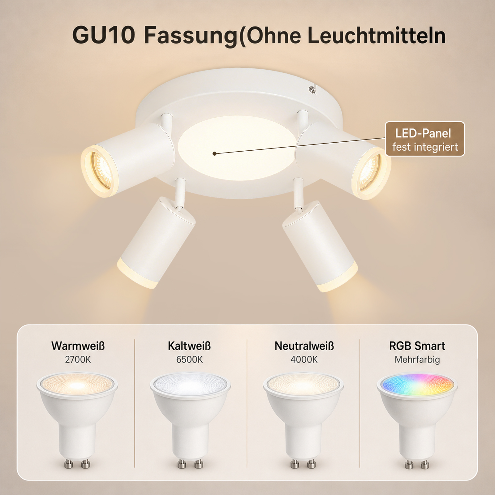 Plafoniera bianca con quattro faretti orientabili e quattro lampadine GU10.