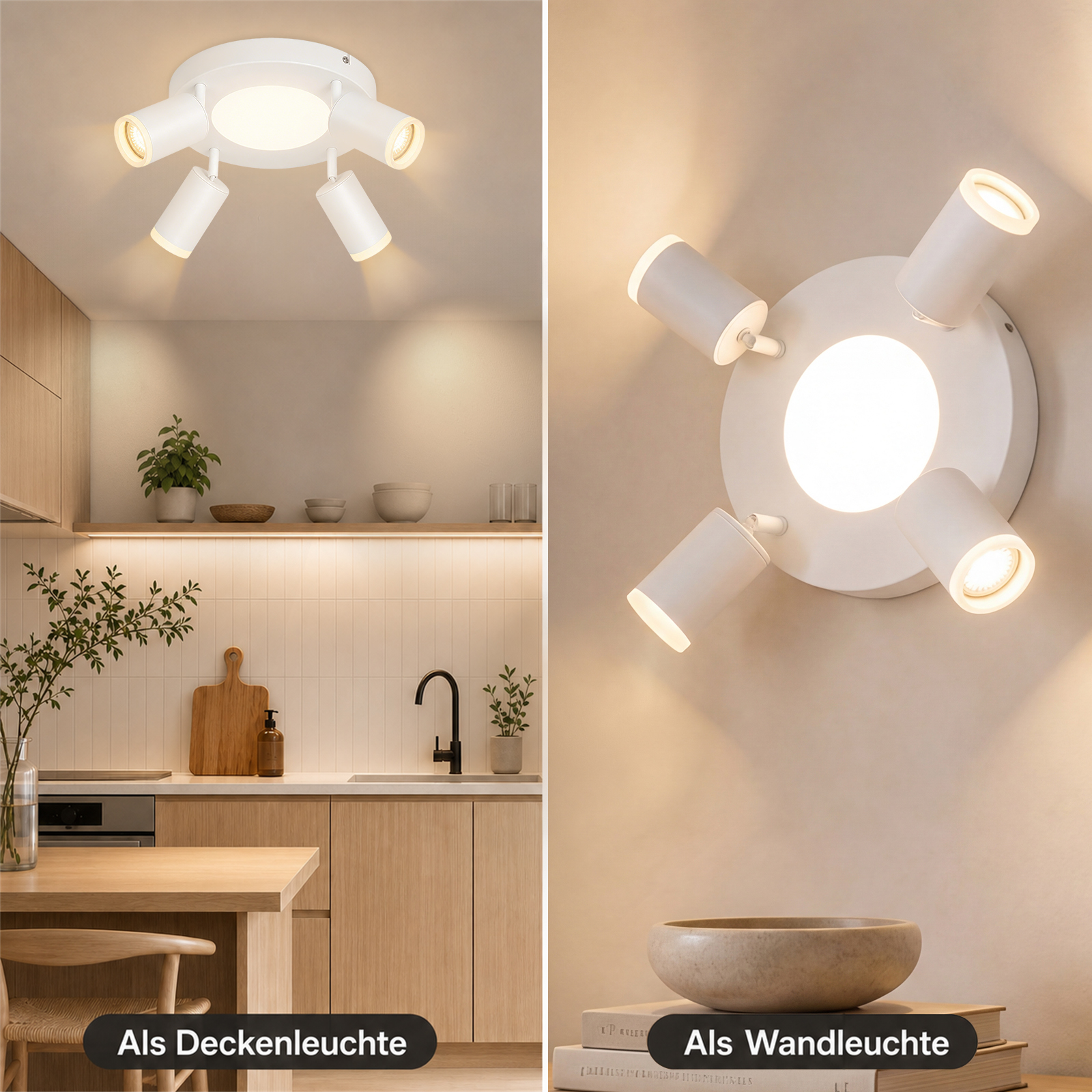 Un faretto da soffitto bianco con quattro faretti regolabili sopra una cucina; accanto, un faretto da parete.