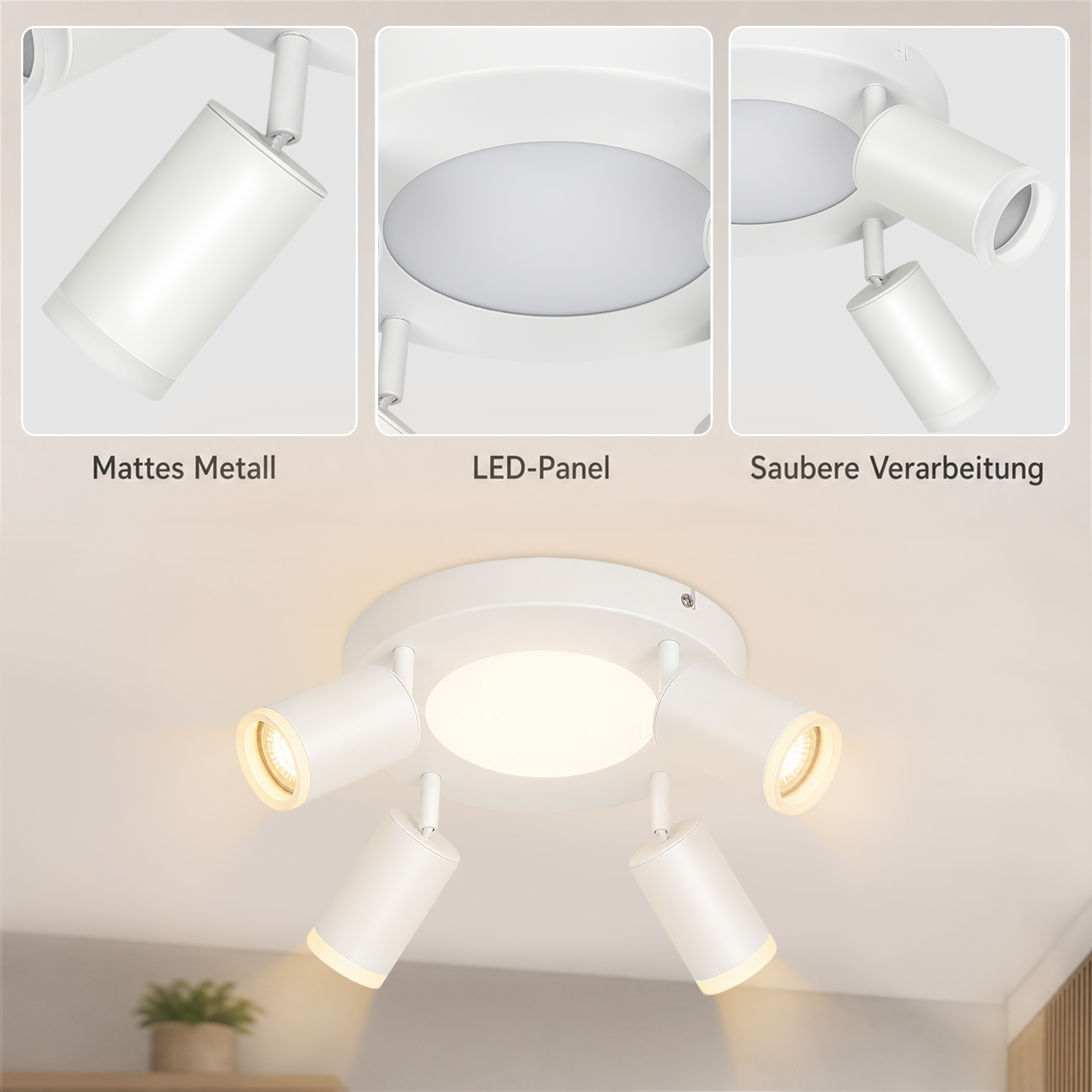 Plafoniera bianca con quattro faretti orientabili e un pannello LED centrale.