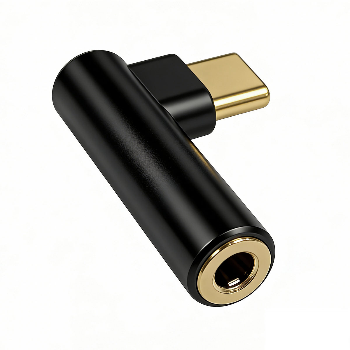 Schwarzer USB-C-Audioadapter mit 3,5-mm-Buchse und goldenen Anschlüssen.