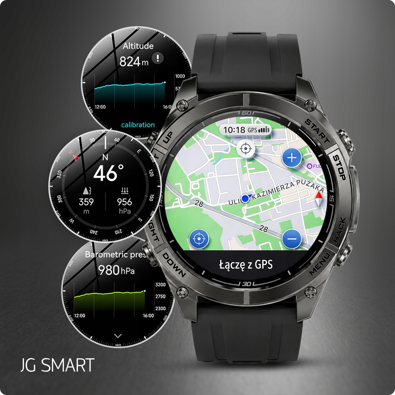 Smartwatch wyświetlający mapę, wysokościomierz i wykresy barometru.