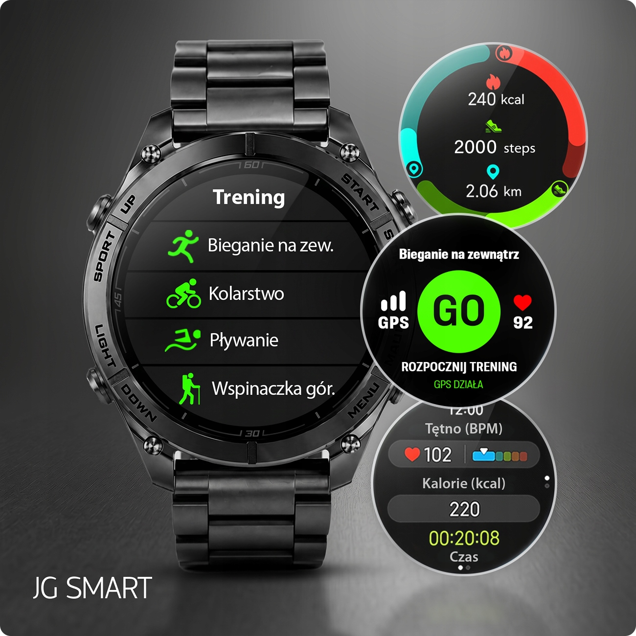 Czarny smartwatch wyświetla dane treningowe: kalorie, kroki i dystans.
