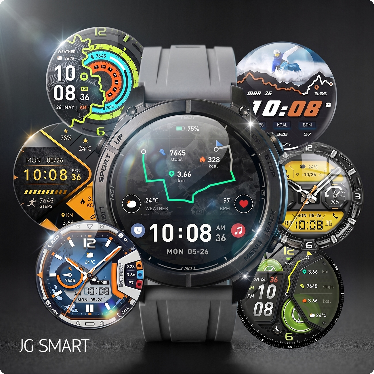 Szary wyświetlacz smartwatch pokazujący wiele tarcz zegarka z godziną, datą i danymi dotyczącymi kondycji.