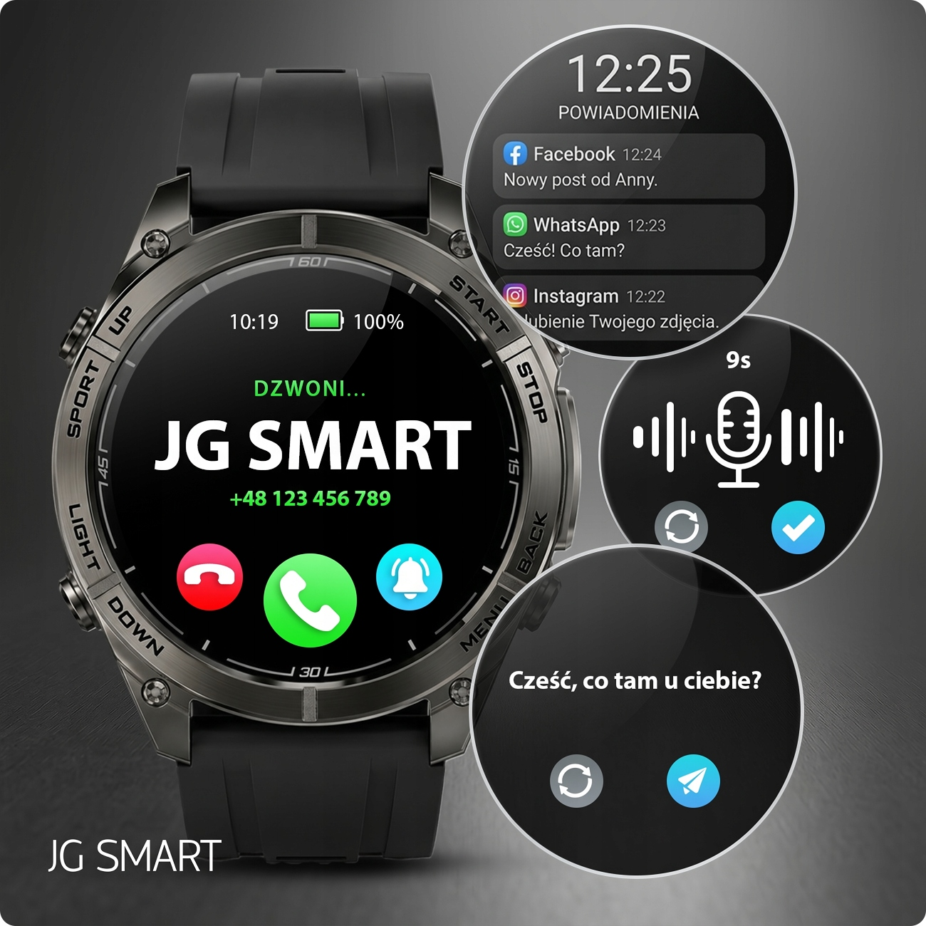 Smartwatch pokazuje połączenie przychodzące, powiadomienia i wiadomość głosową.