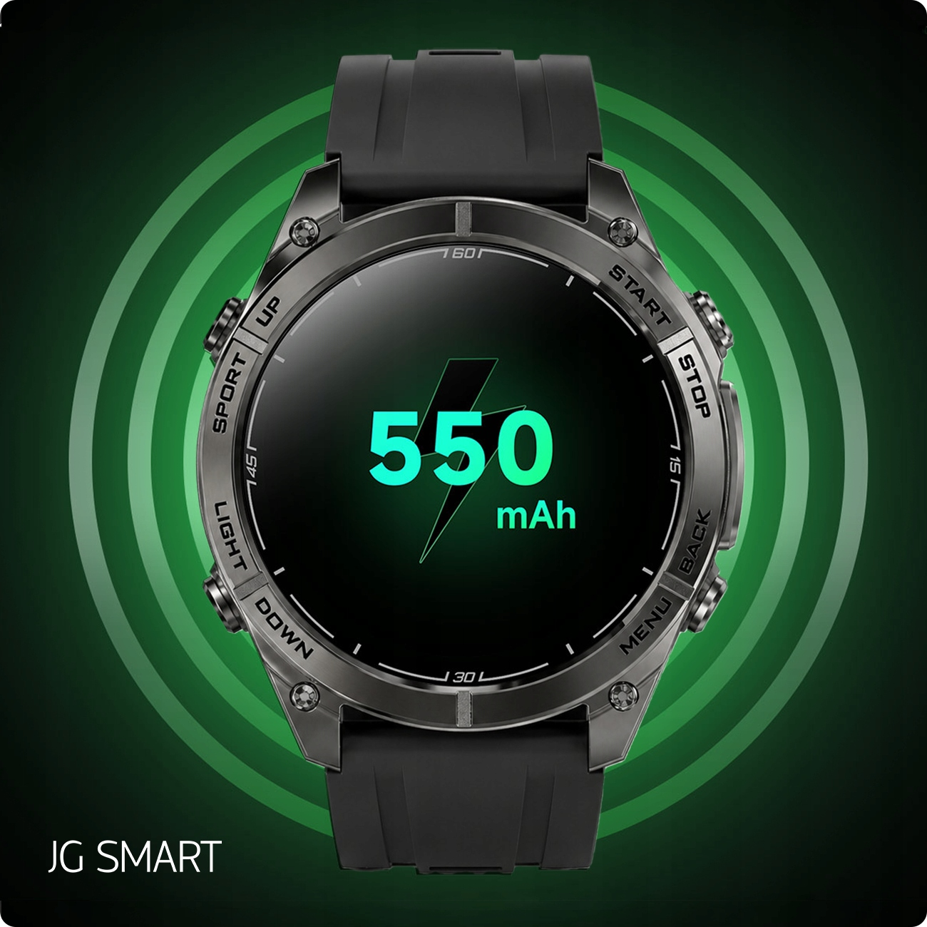 Zegarek JG SMART z wyświetlaczem baterii 550 mAh na czarnym pasku.