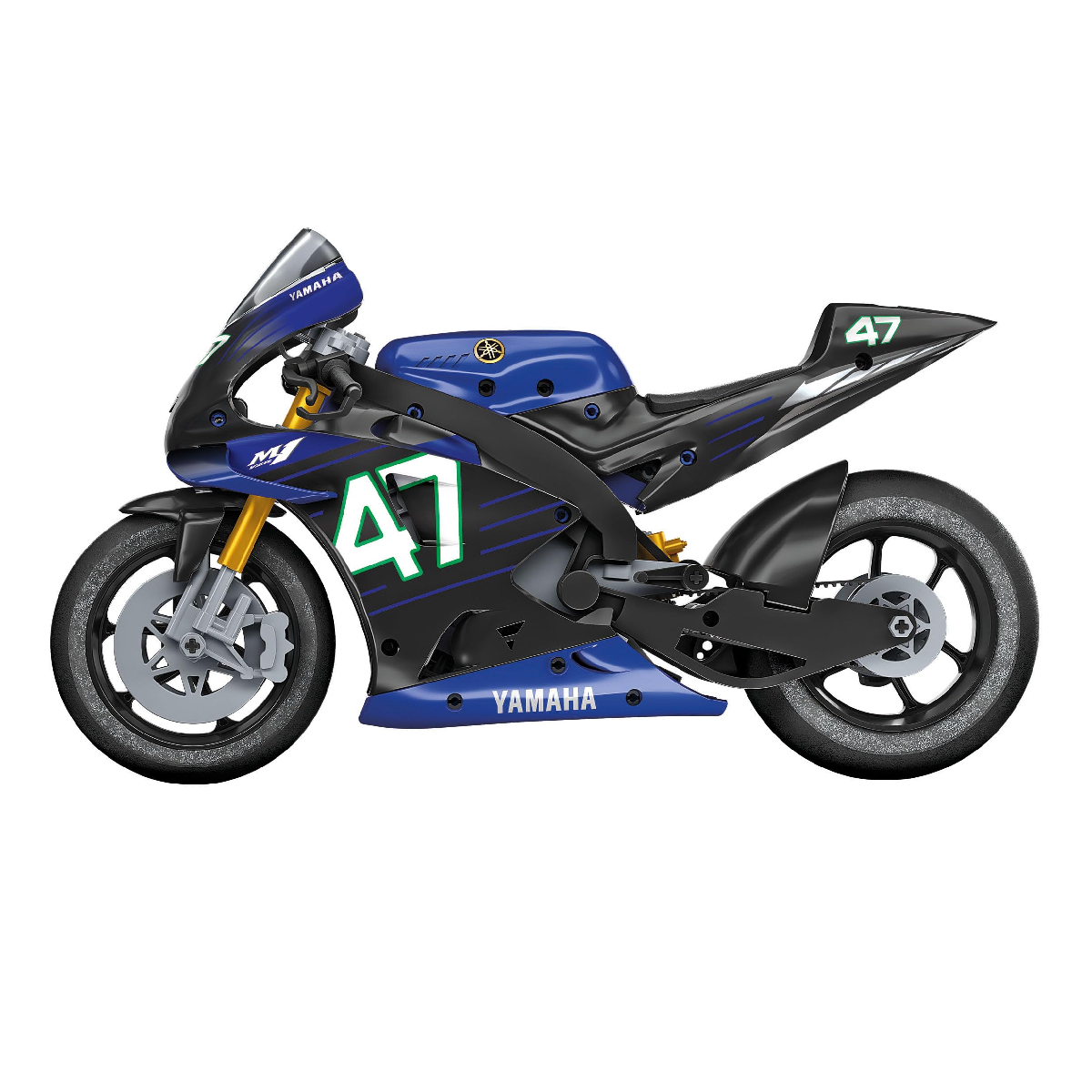 Una moto Yamaha blu e nera con il numero 47.