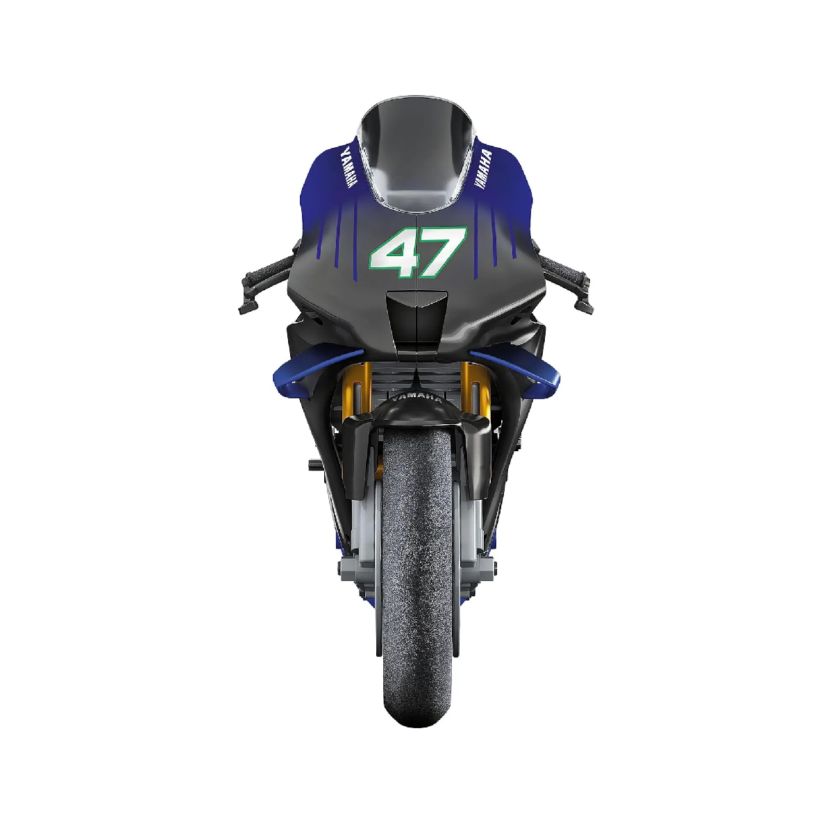 Una moto Yamaha blu e nera con il numero 47.