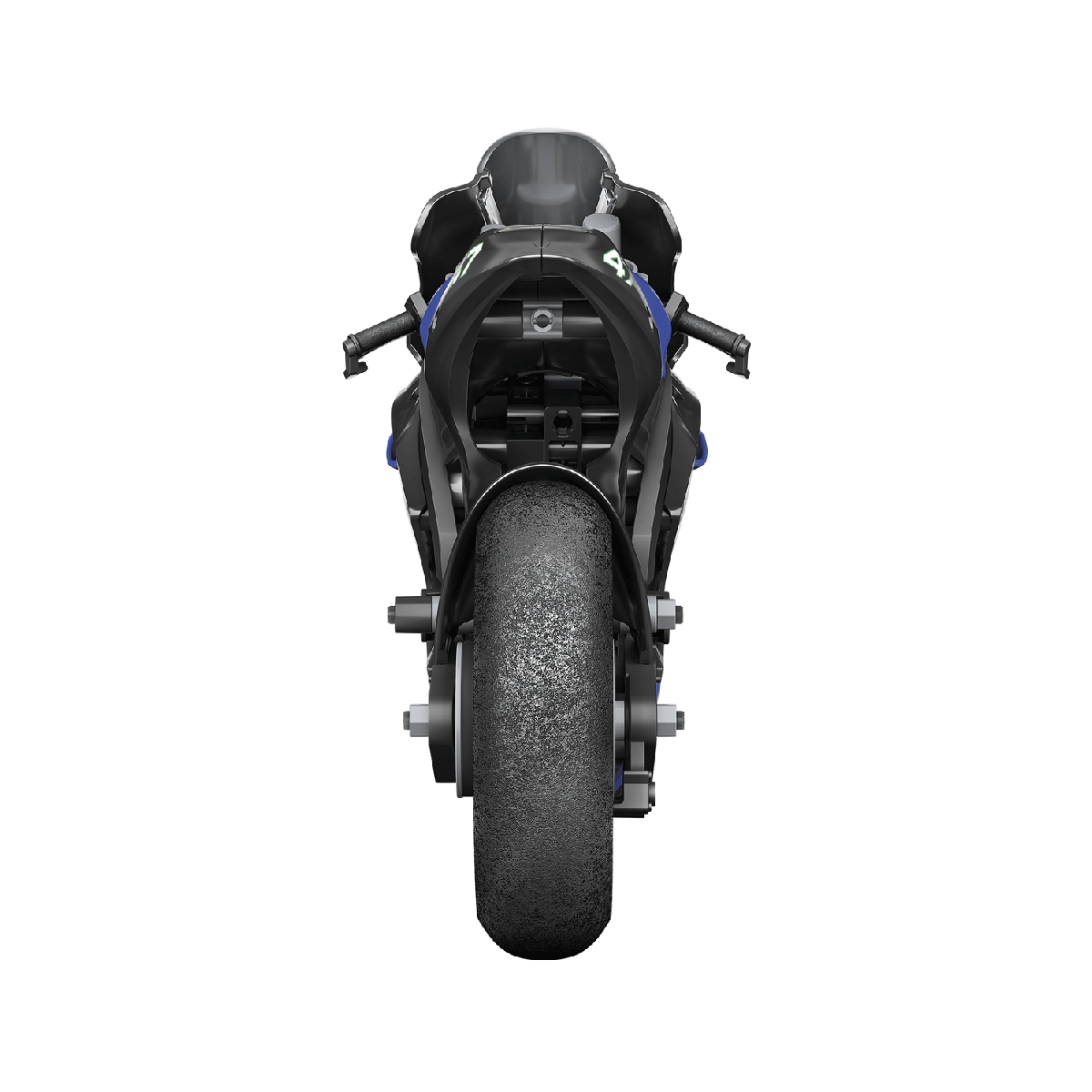 Vista posteriore di una moto nera con pneumatico largo e accenti blu.