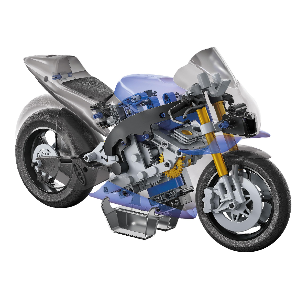 Modello di moto trasparente con parti del motore visibili e telaio blu.