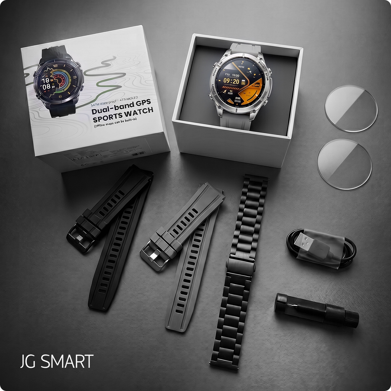 Akcesoria do smartwatcha: zegarek, pudełko, paski, kabel ładujący, osłony.