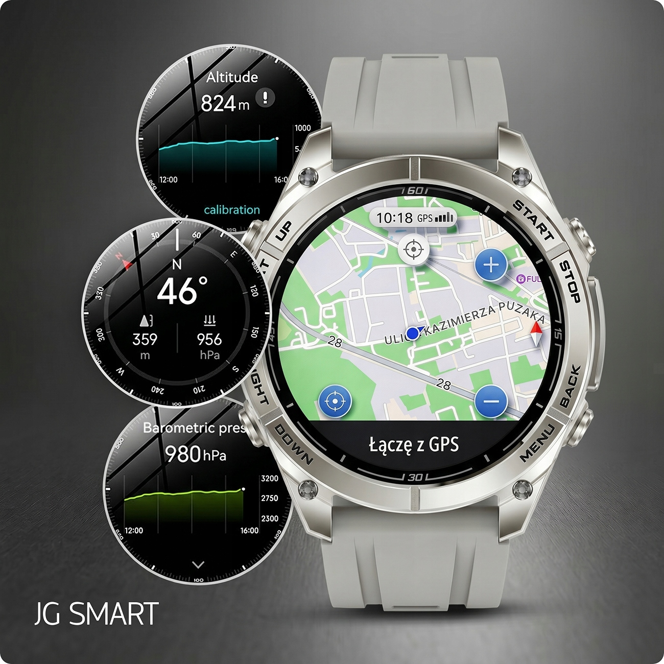 Srebrny smartwatch z mapą GPS, wysokościomierzem, kompasem i barometrem.