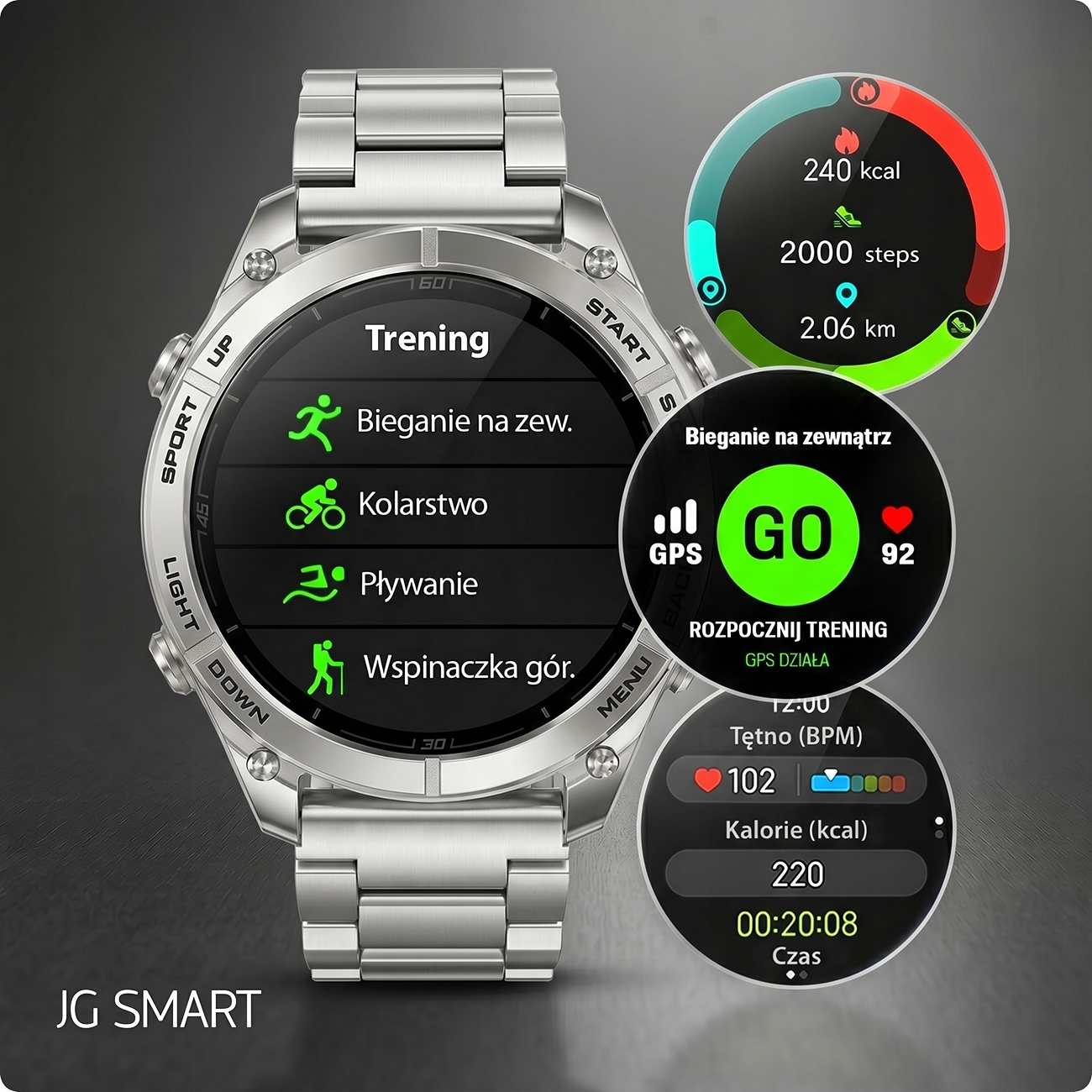 Srebrny smartwatch wyświetla menu treningowe z opcjami bieganie, jazda rowerem, pływanie.