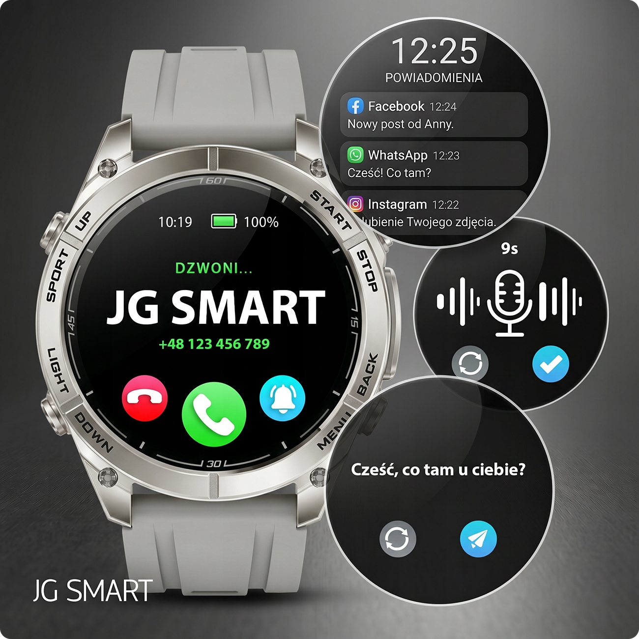 Smartwatch z srebrną obudową i szarym paskiem. Wyświetla połączenia i powiadomienia.