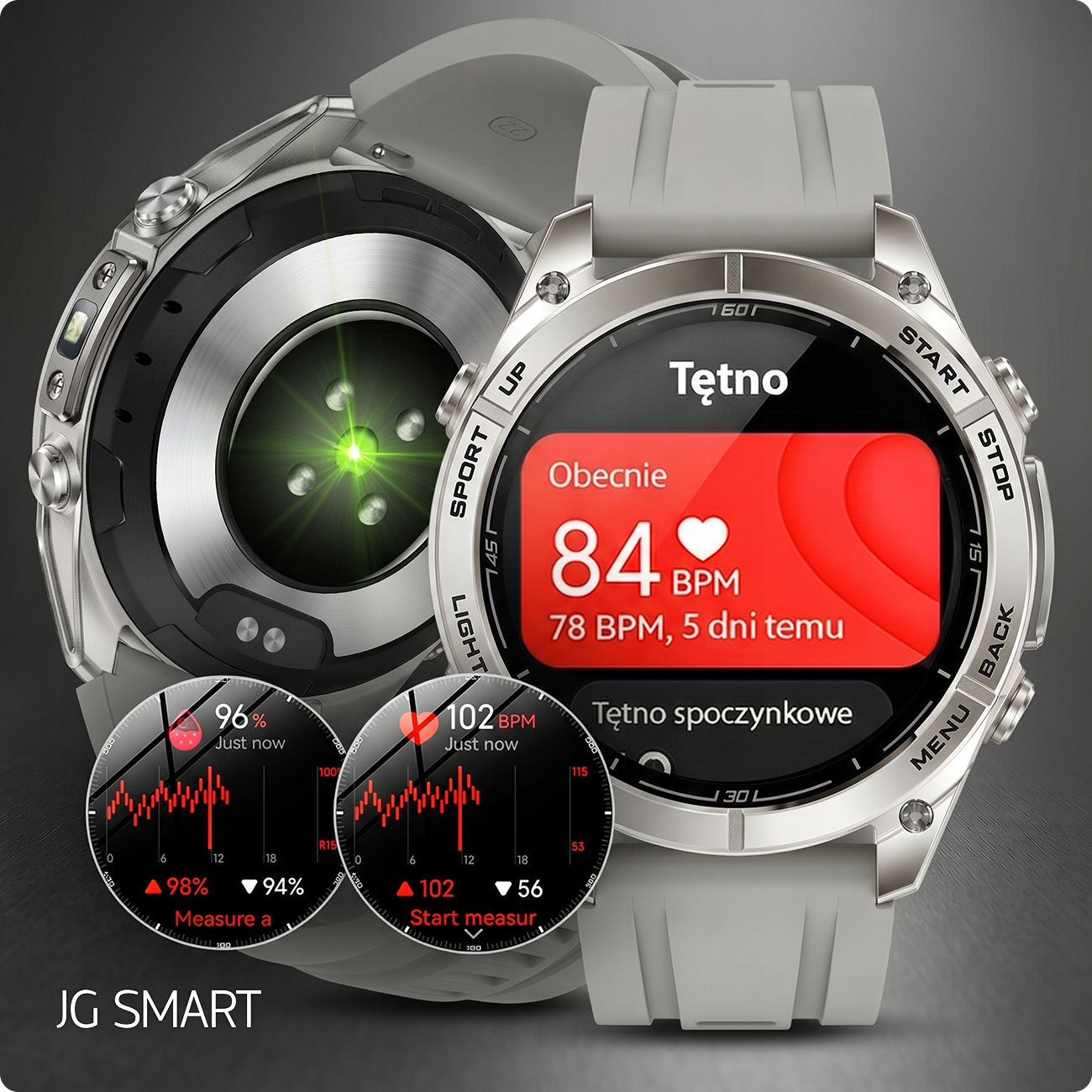 Dwa smartwatche pokazują tętno. Jeden wyświetla 84 BPM, drugi odczyty.