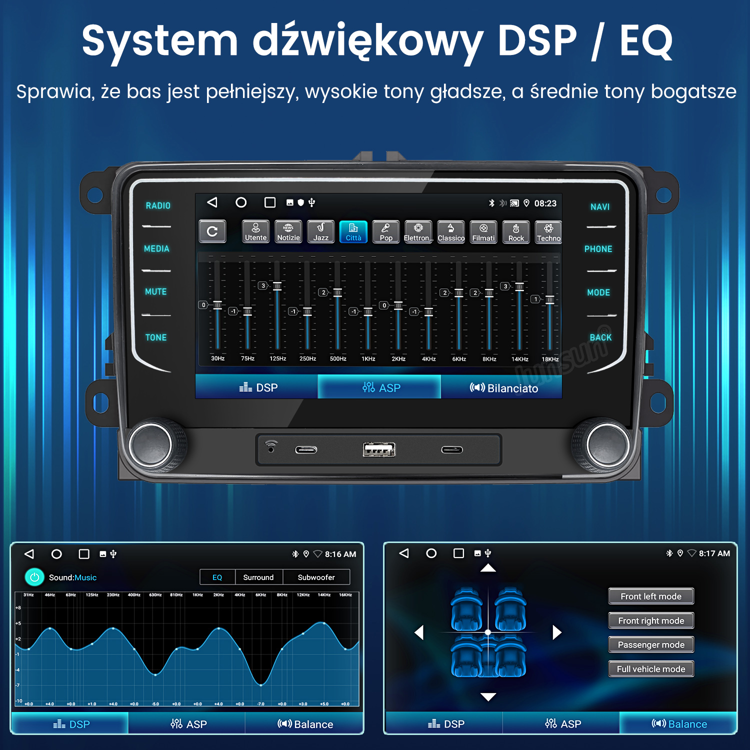 Ekran radia samochodowego pokazuje ustawienia DSP/EQ z suwakami equalizera i trybami dźwięku.