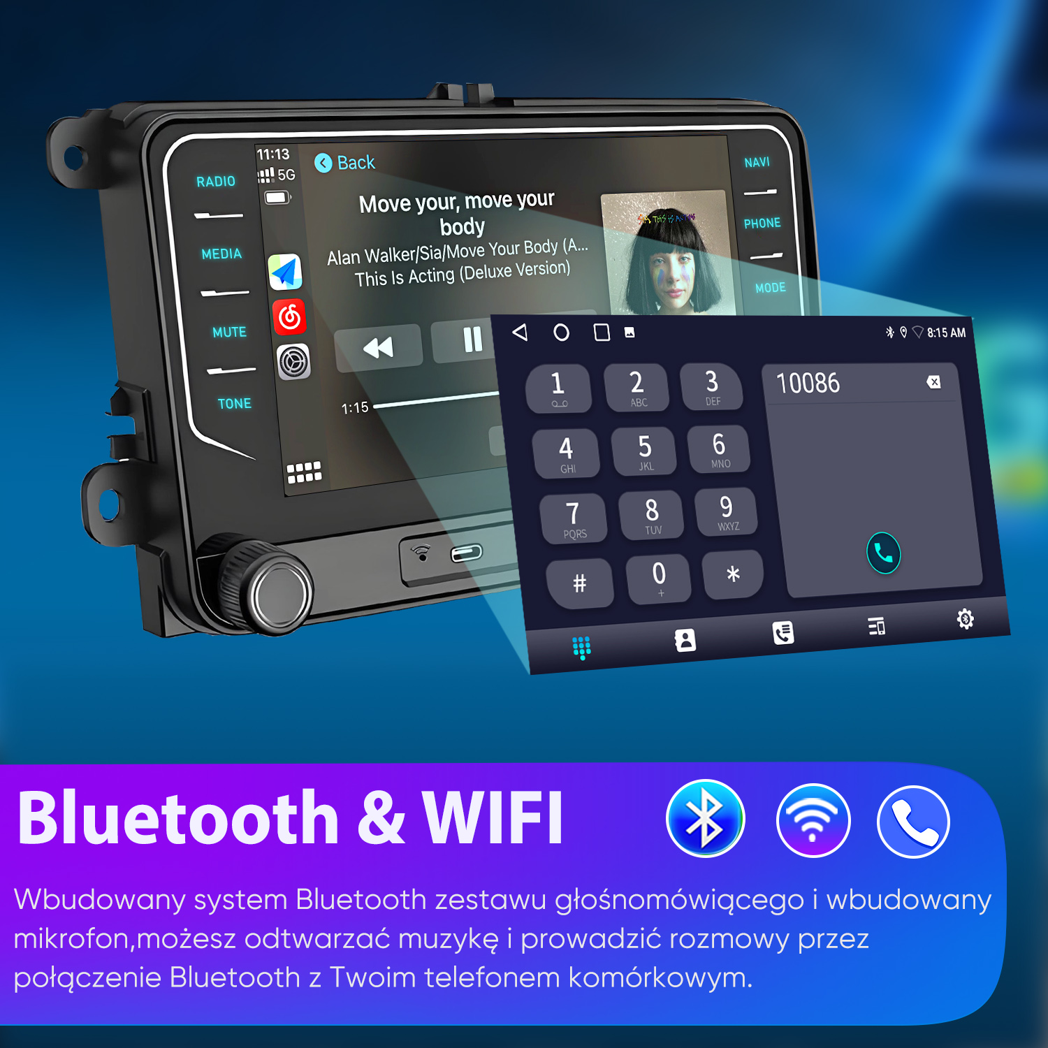 Wyświetlacz samochodowego radia pokazuje kontrolki muzyki, klawiaturę numeryczną i ikony Bluetooth/WIFI.