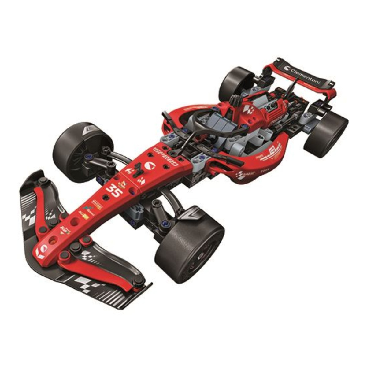 Una macchina giocattolo rossa di Formula 1 con accenti neri e il numero 35.