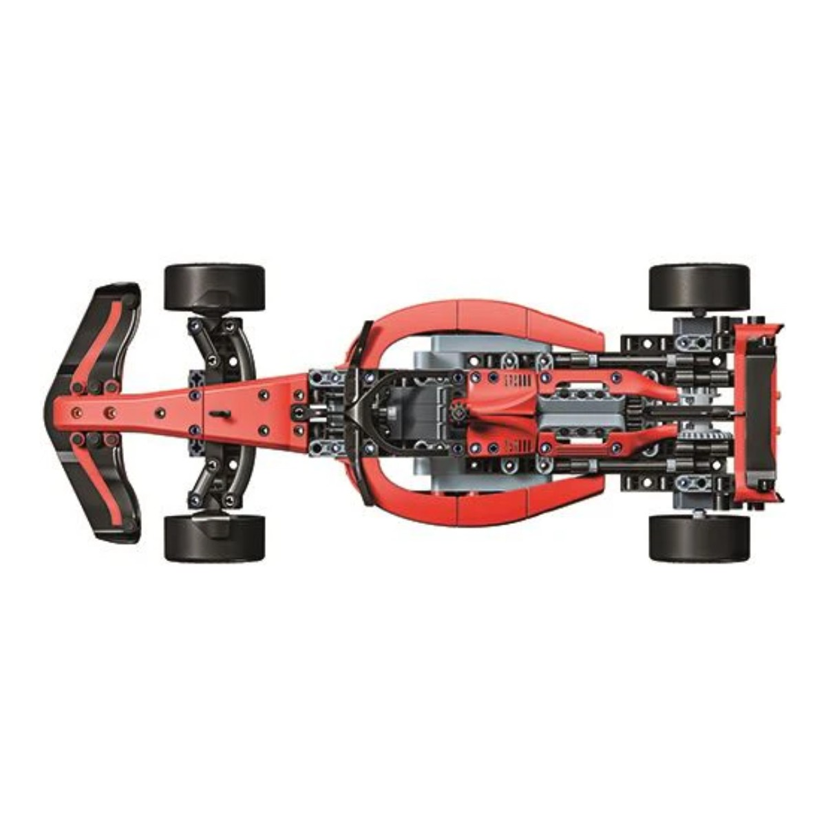 Un modello di auto da corsa rossa e nera vista dall'alto, con ruote e dettagli meccanici visibili.