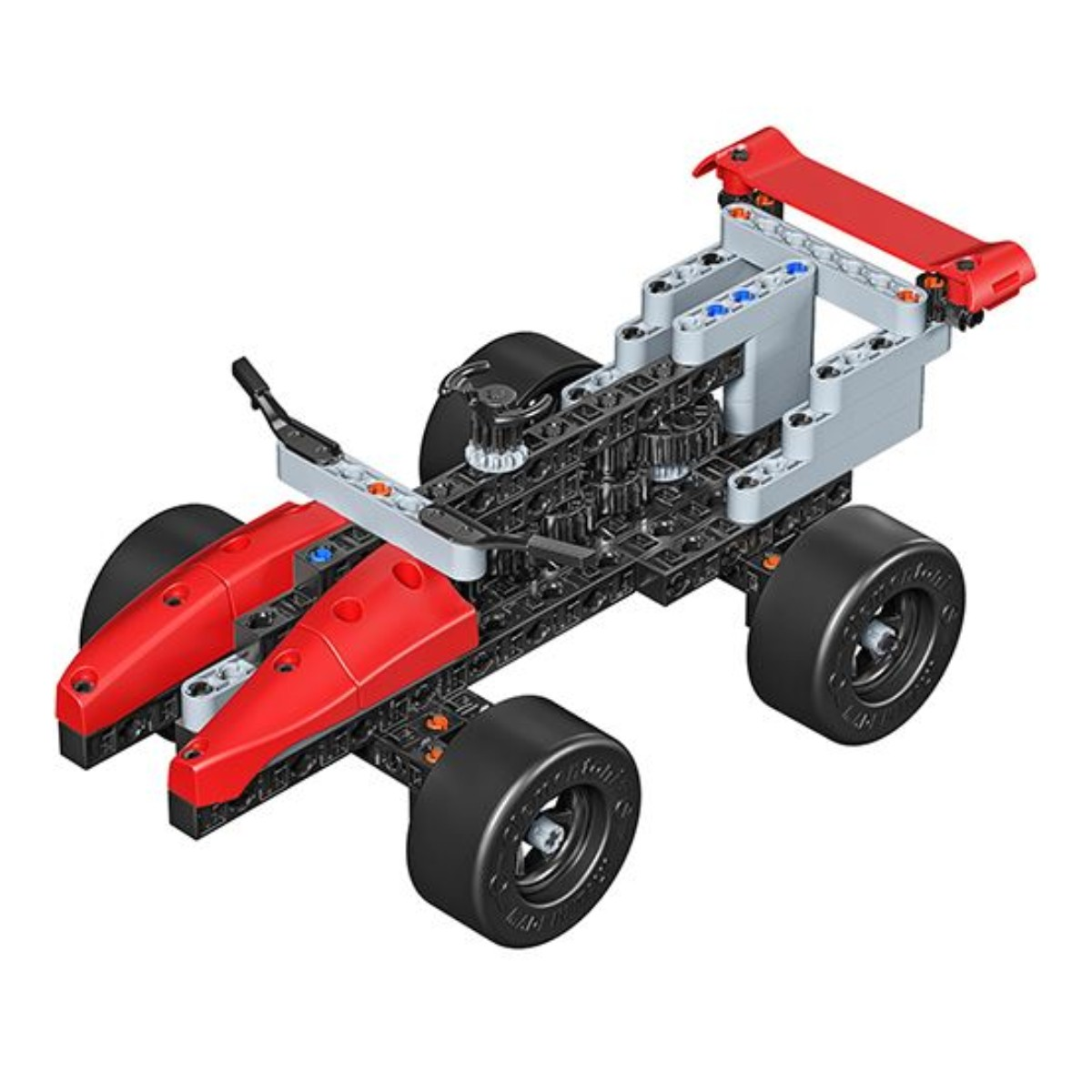 Un modello avanzato di auto da corsa in mattoncini Lego con parti anteriori rosse e alettone posteriore.