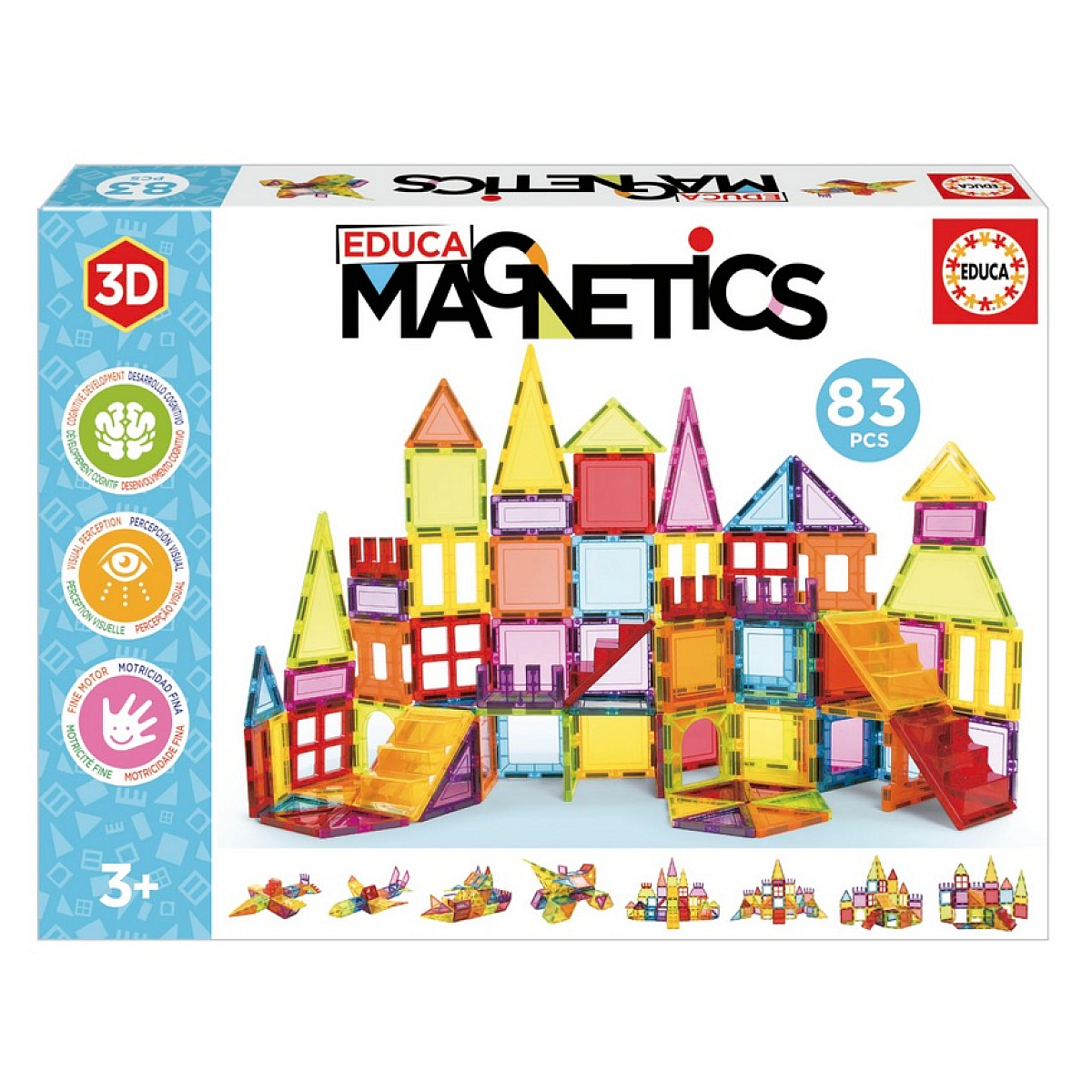 Blocchi magnetici colorati formano un castello e aeroplani.