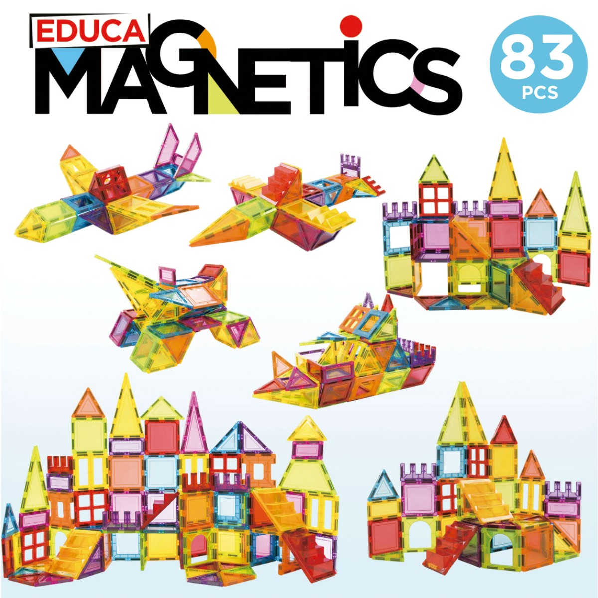 Blocchi magnetici colorati formano aerei, navi e castelli.