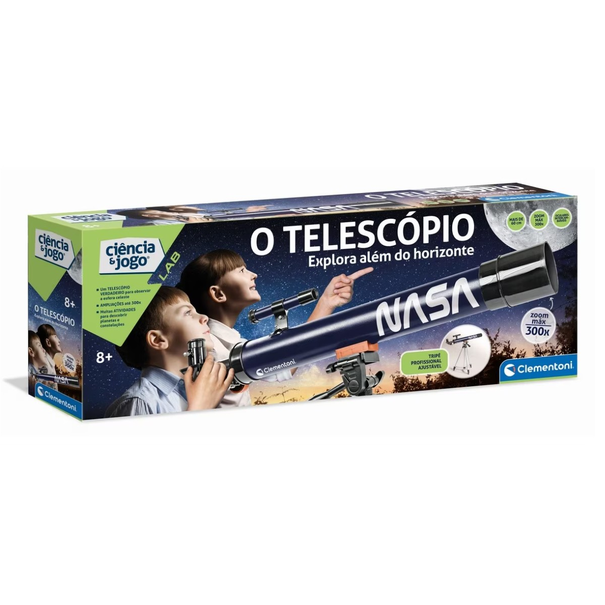 Scatola di telescopio con bambini che guardano e logo NASA.
