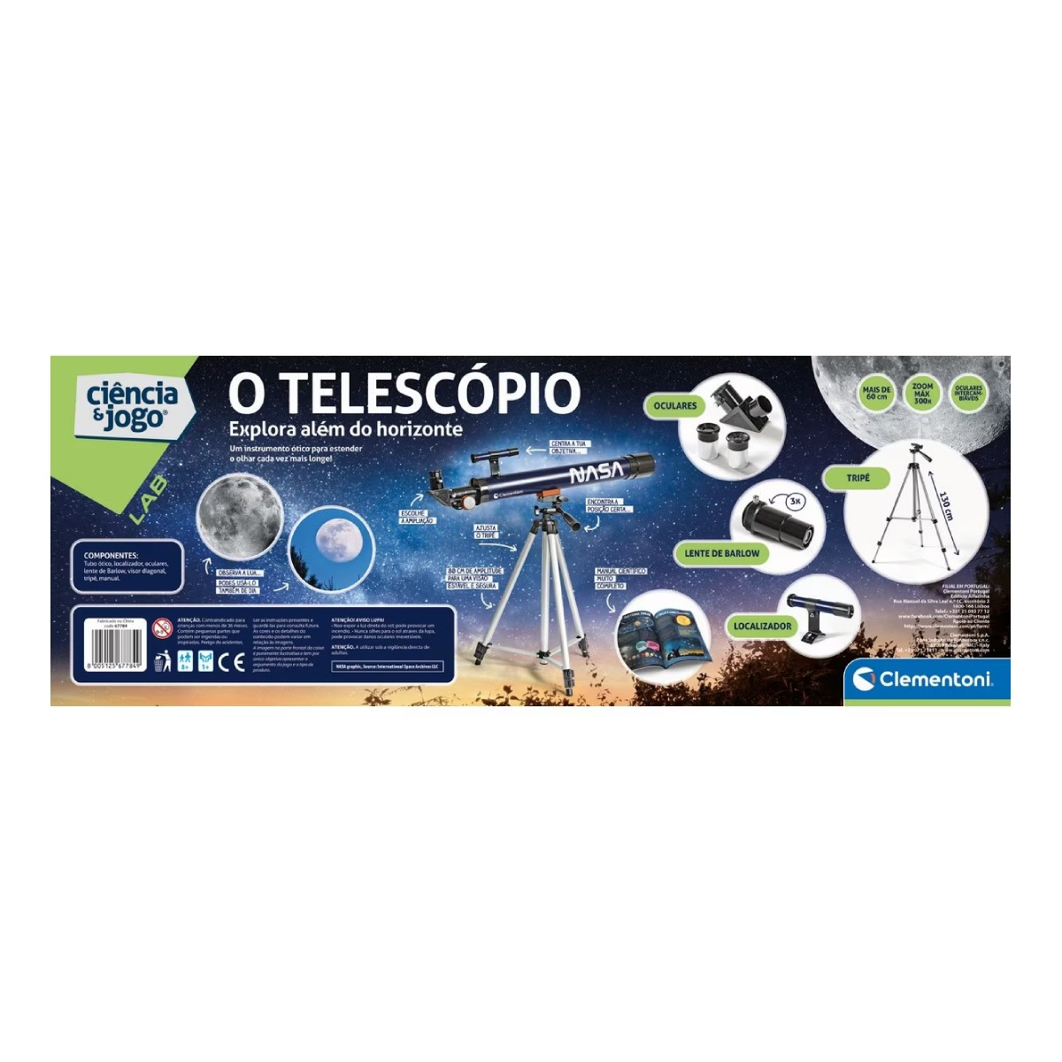Confezione di un telescopio con accessori come oculari, treppiede e lente di Barlow.